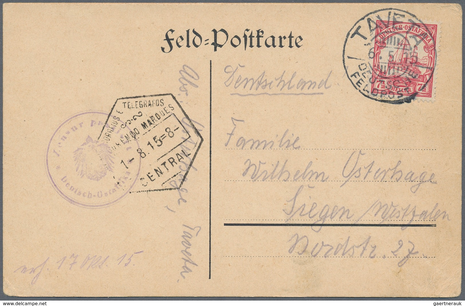 Deutsch-Ostafrika: 1915 (6.5.), 7 1/2 Heller Mit Stempel "TAVETA DEUTSCHE FELDPOST'' Auf Feldpost-Vo - Deutsch-Ostafrika