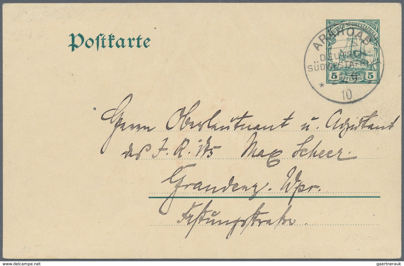 Deutsch-Südwestafrika: 1910 (25.9.), 5 Pfg GA-Kte Mit Stempel "ARAHOAB DEUTSCH-SÜDWESTAFRIKA" (Luxus - Duits-Zuidwest-Afrika