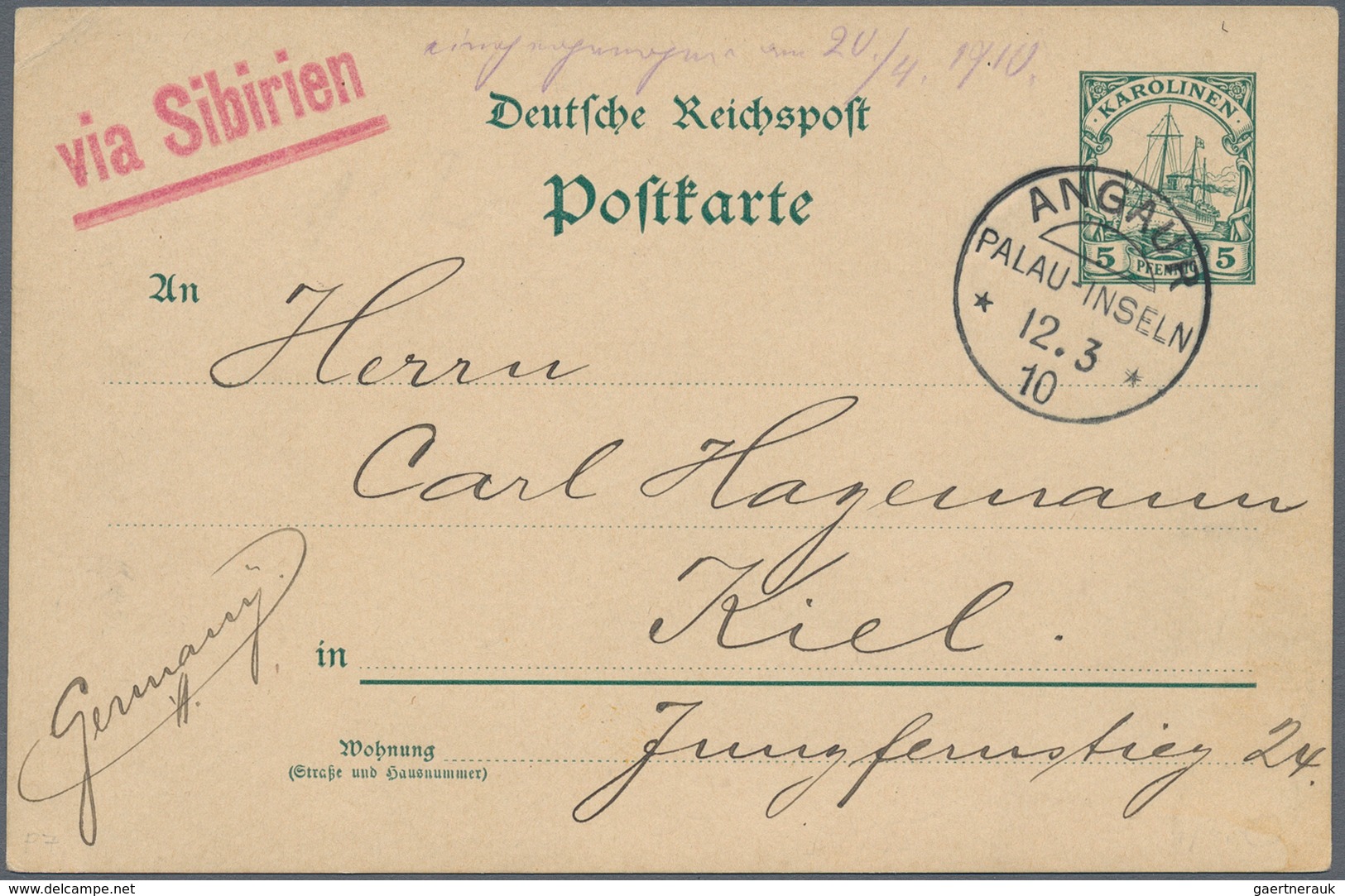 Deutsche Kolonien - Kamerun: 1910 (12.3.), 5 Pfg GA-Kte (rs.Text) Mit Stempel "ANGAUR PALAU-INSELN'' - Camerun