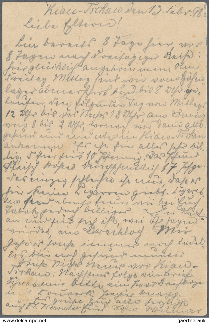 Deutsche Kolonien - Kiautschou: 1898 (17.2.), 10 Pfg Vorläufer-GA-Kte Krone/Adler (langer Bedarfstex - Kiautchou