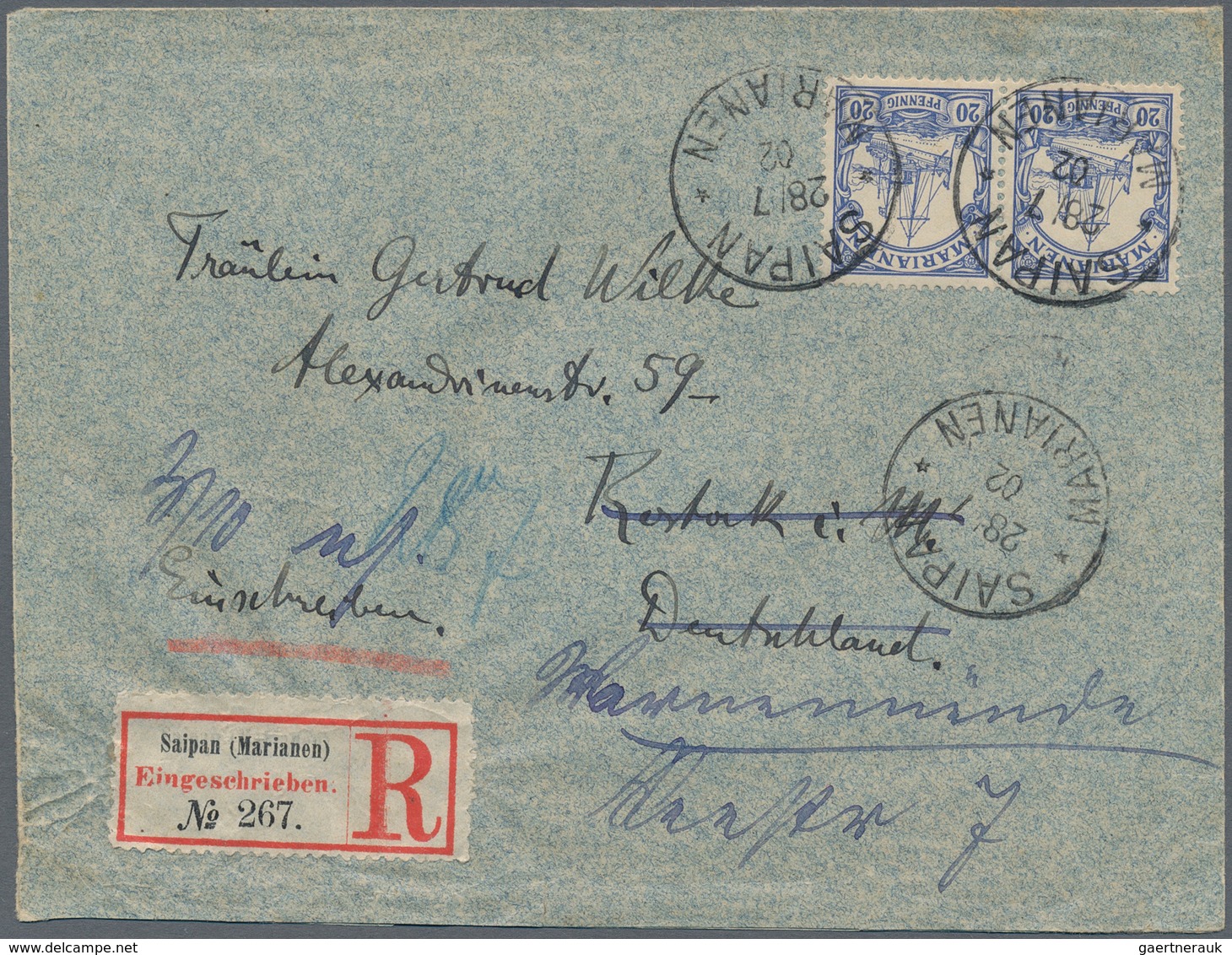 Deutsche Kolonien - Marianen: 1902 (28.7.), Waagrechtes Paar 20 Pfg Mit Stempel ''SAIPAN MARIANEN" A - Marianen