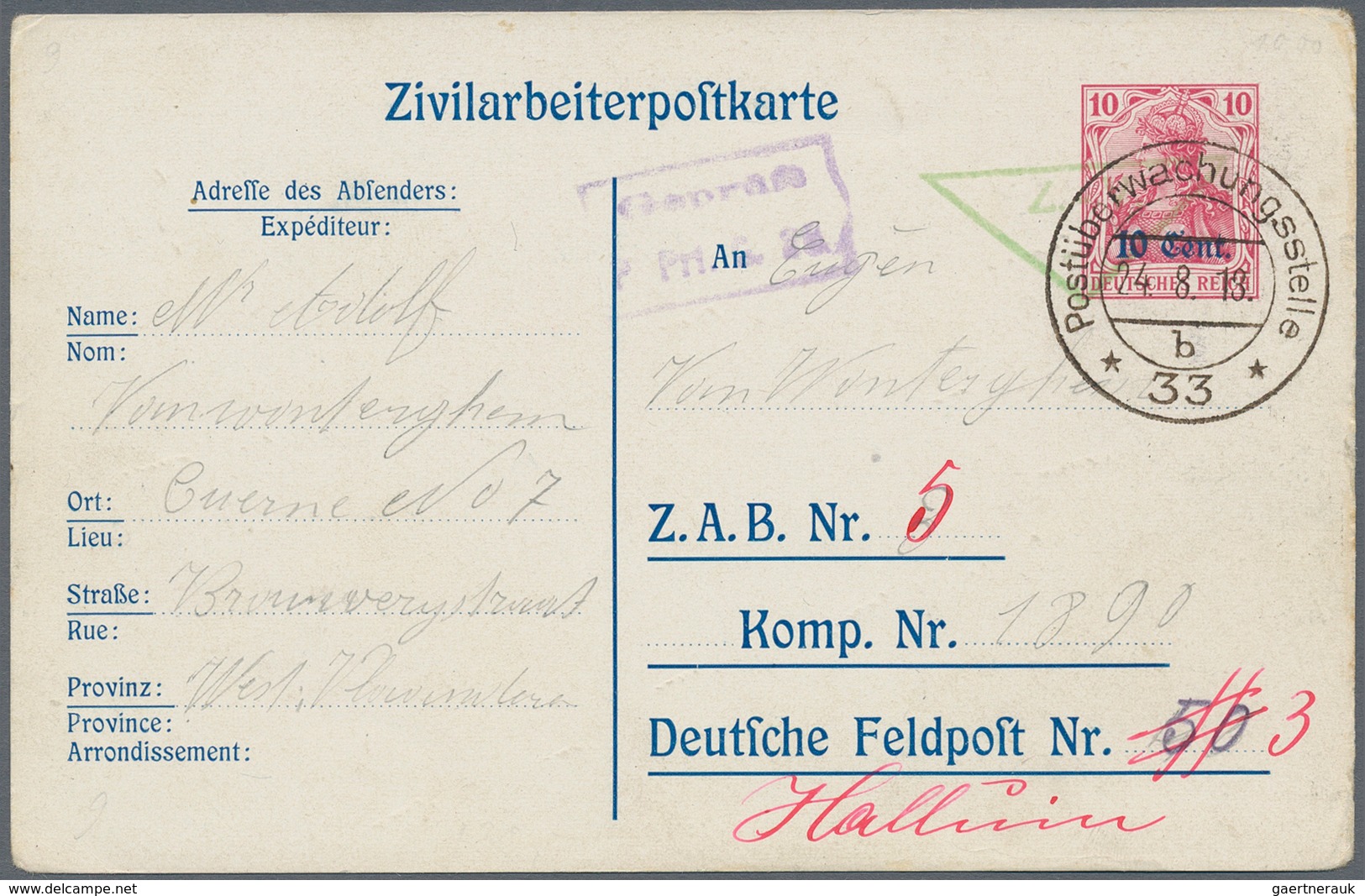 Deutsche Besetzung I. WK: Etappengebiet West - Ganzsachen: 1918, 10 Cent Auf 10 Pfg. Rot Zivilarbeit - Occupazione 1914 – 18