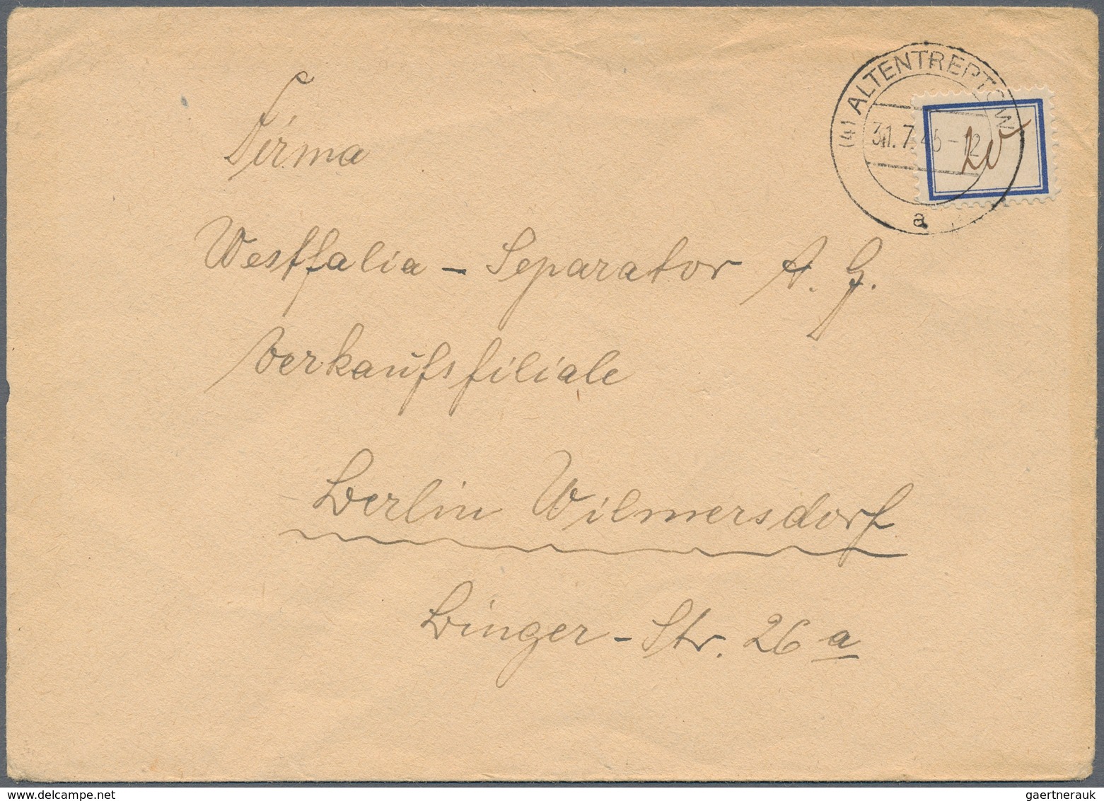 Deutsche Lokalausgaben Ab 1945: ALTENTREPTOW: 1945, Gebührenzettel 20 Pfg. Auf Bedarfsbrief Von "ALT - Andere & Zonder Classificatie