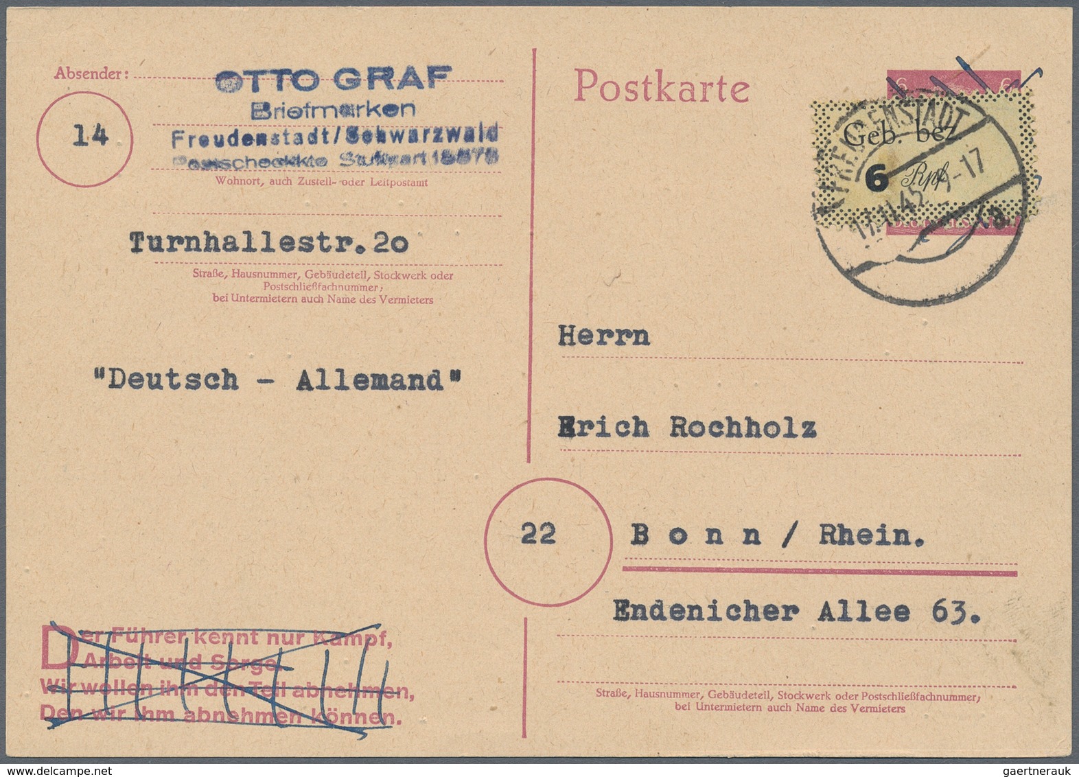 Deutsche Lokalausgaben Ab 1945: FREUDENSTADT: 1945, 2.Auflage, Gebührenzettel 6 Pfg. Schwarz Auf Gel - Andere & Zonder Classificatie