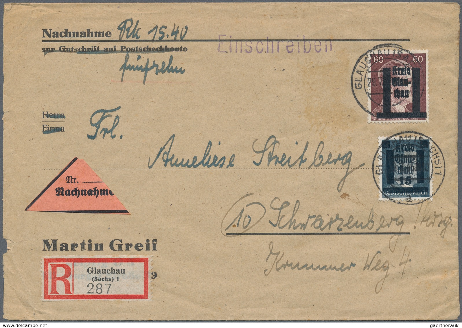 Deutsche Lokalausgaben Ab 1945: GLAUCHAU: 1945, 15 Auf 4 Pfg. Und 60 Pfg. Auf R-Nachnahme-Brief Von - Andere & Zonder Classificatie