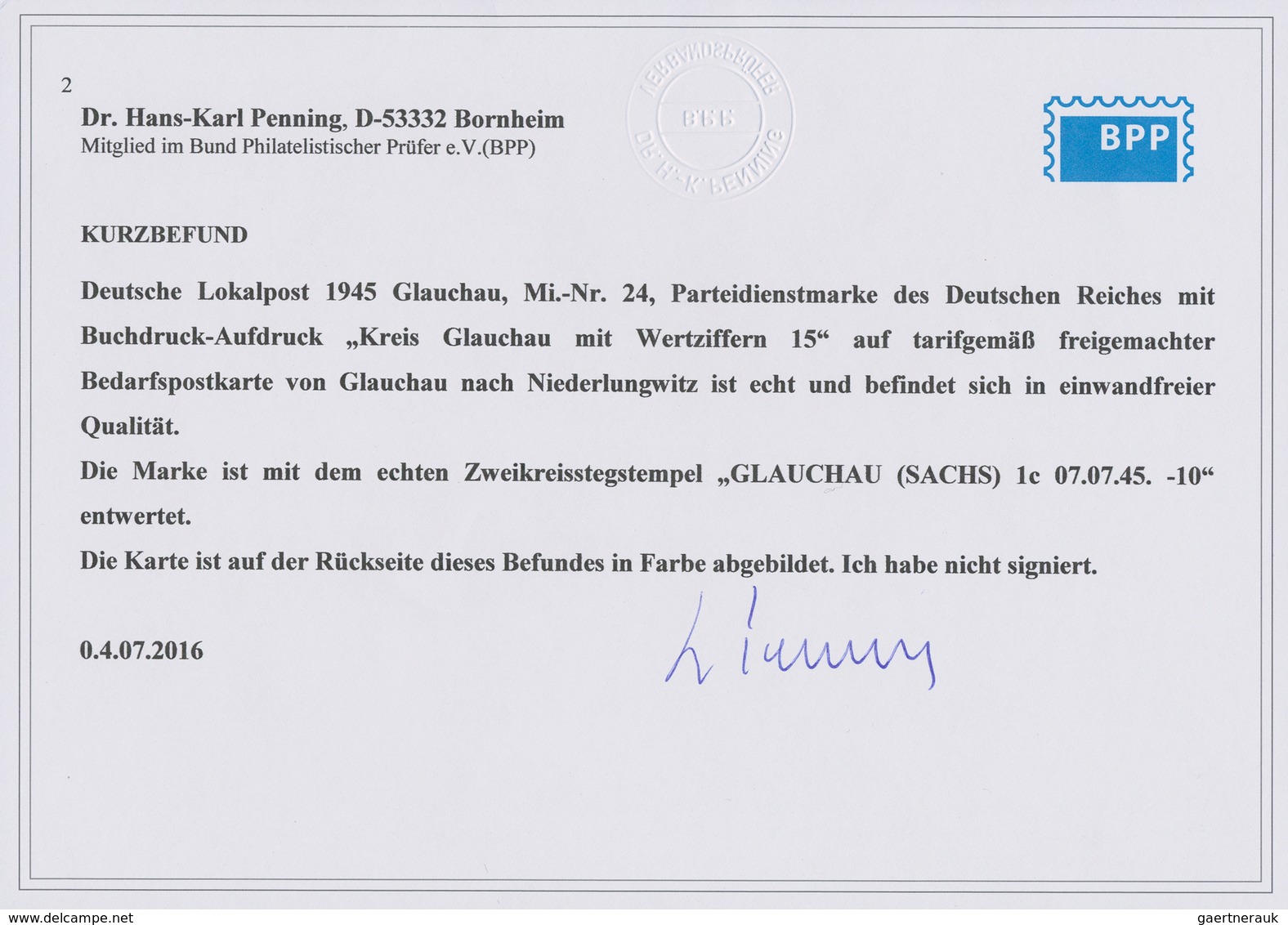 Deutsche Lokalausgaben Ab 1945: GLAUCHAU: 1945, 15 Auf 6 Pfg. Partei-Dienstmarke (minime Patina) Als - Andere & Zonder Classificatie