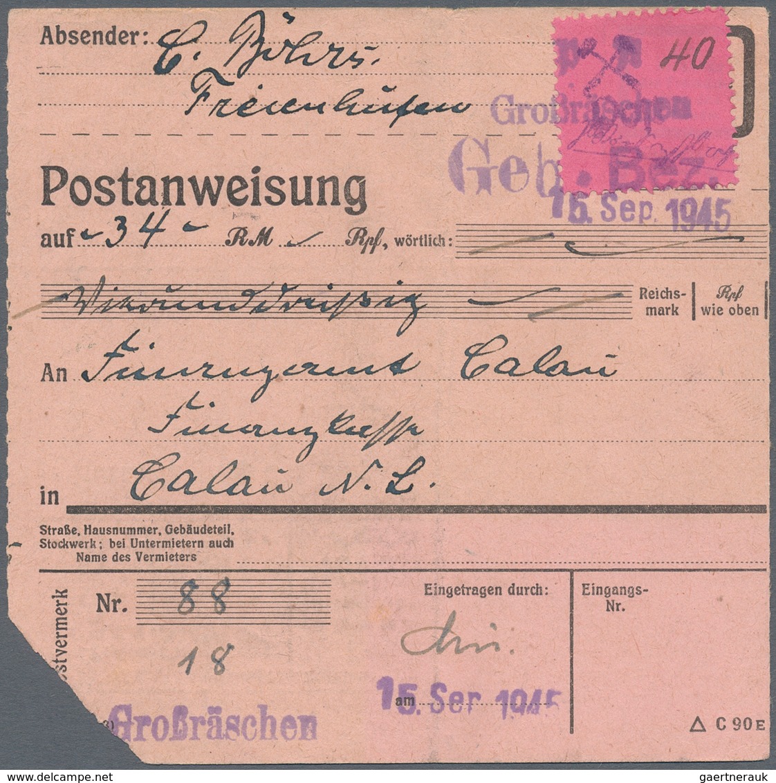 Deutsche Lokalausgaben Ab 1945: GROSSRÄSCHEN: 1945, Gebührenzettel 40 Pfg. Auf Rosalila Als Portoger - Andere & Zonder Classificatie