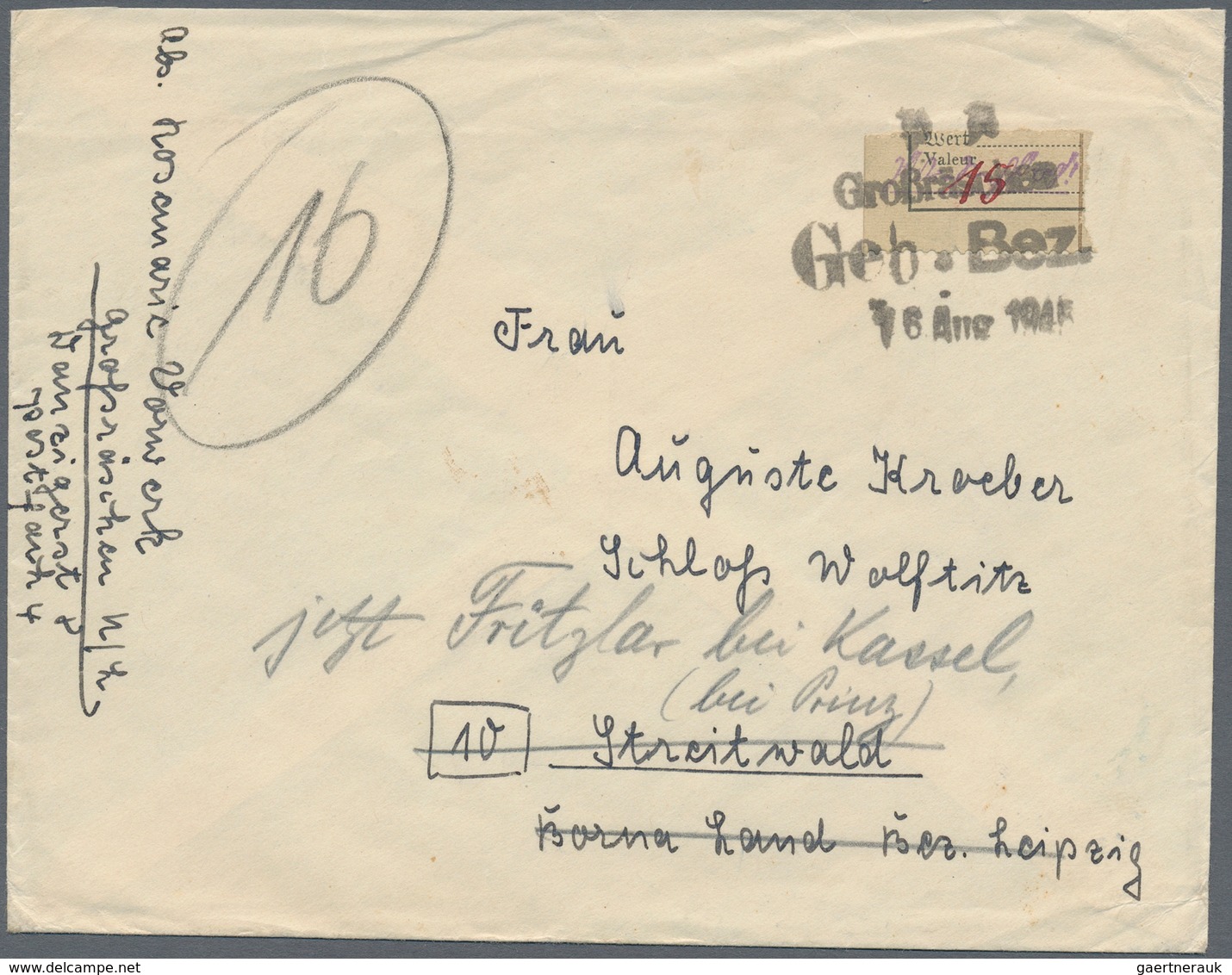 Deutsche Lokalausgaben Ab 1945: GROSSRÄSCHEN: 1945, Gebührenzettel 15 Pfg. Rot Auf Grün Als Portoger - Altri & Non Classificati