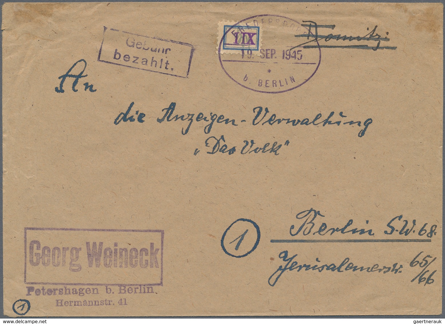 Deutsche Lokalausgaben Ab 1945 - Fredersdorf: 1945, Gebührenzettel XII Pfg. Blau/violett Mit Signum - Andere & Zonder Classificatie
