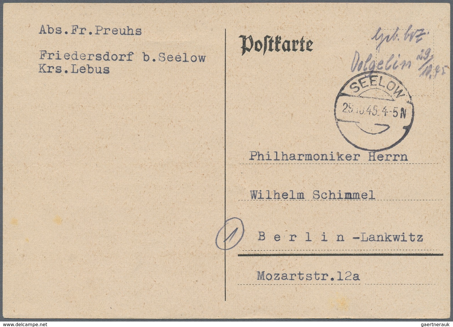 Alliierte Besetzung - Gebühr Bezahlt: "SEELOW", Postkarte Mit Handschriftlichem Vermerk "Geb. Bez. / - Altri & Non Classificati