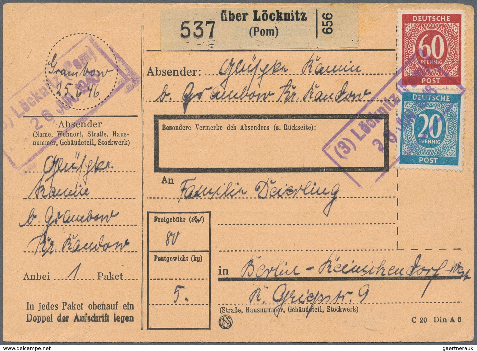 Alliierte Besetzung - Notstempel: Sowjetische Zone: "Löcknitz (3) - (Pom.) 26. Juni 1946" Not-Ra3 Au - Andere & Zonder Classificatie