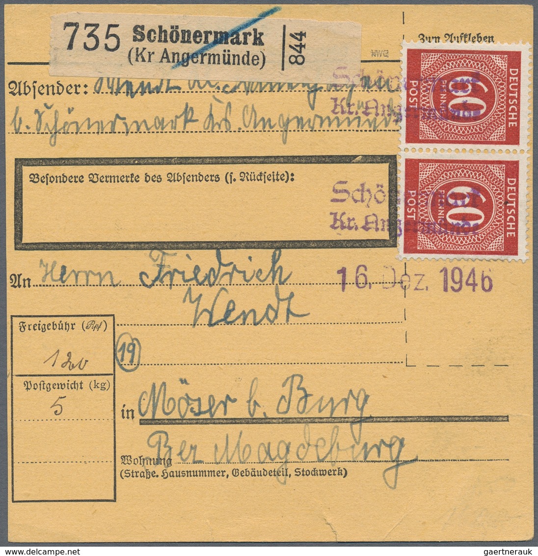 Alliierte Besetzung - Notstempel: Sowjetische Zone: "Schönermark/Kr. Angermünde", Not-L2 Mit Datumss - Altri & Non Classificati