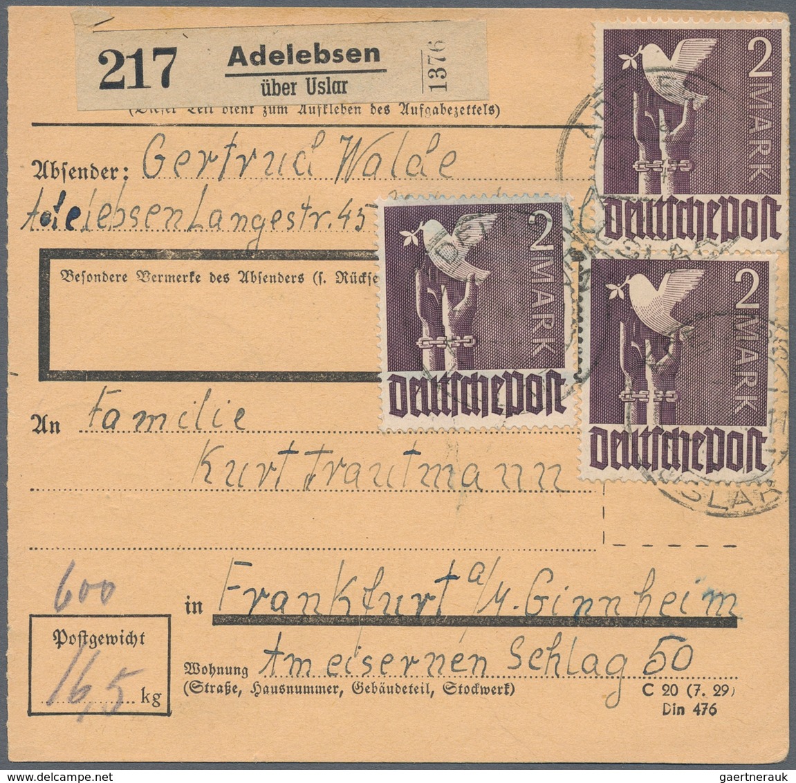 Alliierte Besetzung - Gemeinschaftsausgaben: 1947, 2 Mark Taube, Drei Werte Als Portogerechte Mehrfa - Sonstige & Ohne Zuordnung