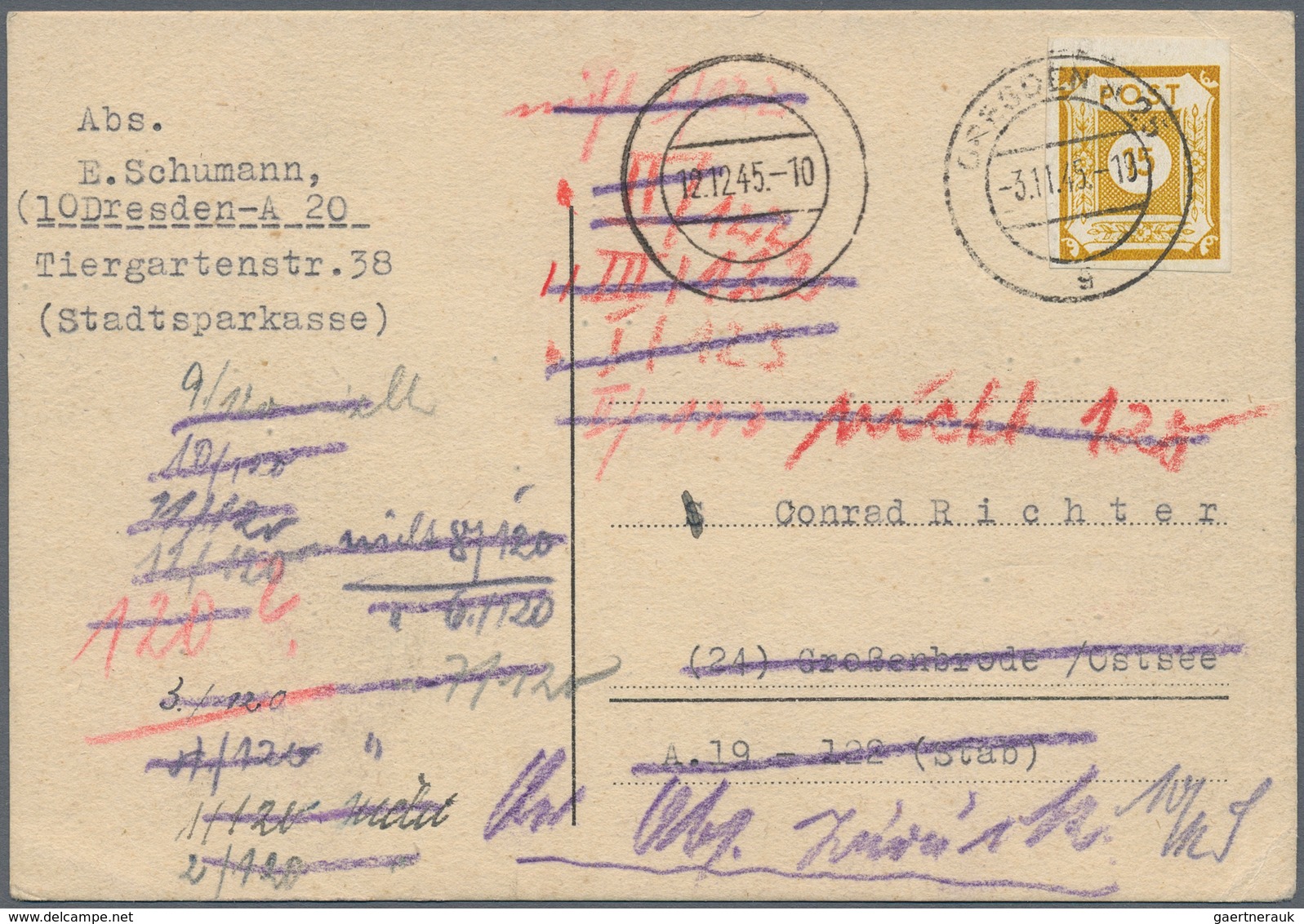 Sowjetische Zone - Ost-Sachsen: 1945, Ziffer 15 Pfg. Graugelb Auf Kriegsgefangenenkarte Von "DRESDEN - Autres & Non Classés
