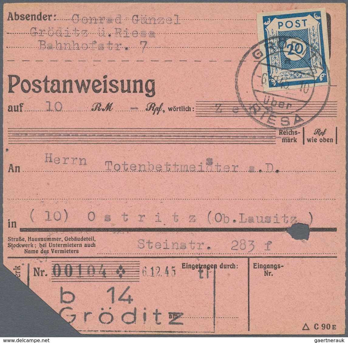 Sowjetische Zone - Ost-Sachsen: 1945, Ziffern 20 Pfg. Blau, Portogerechte Einzelfrankatur Auf Postan - Andere & Zonder Classificatie