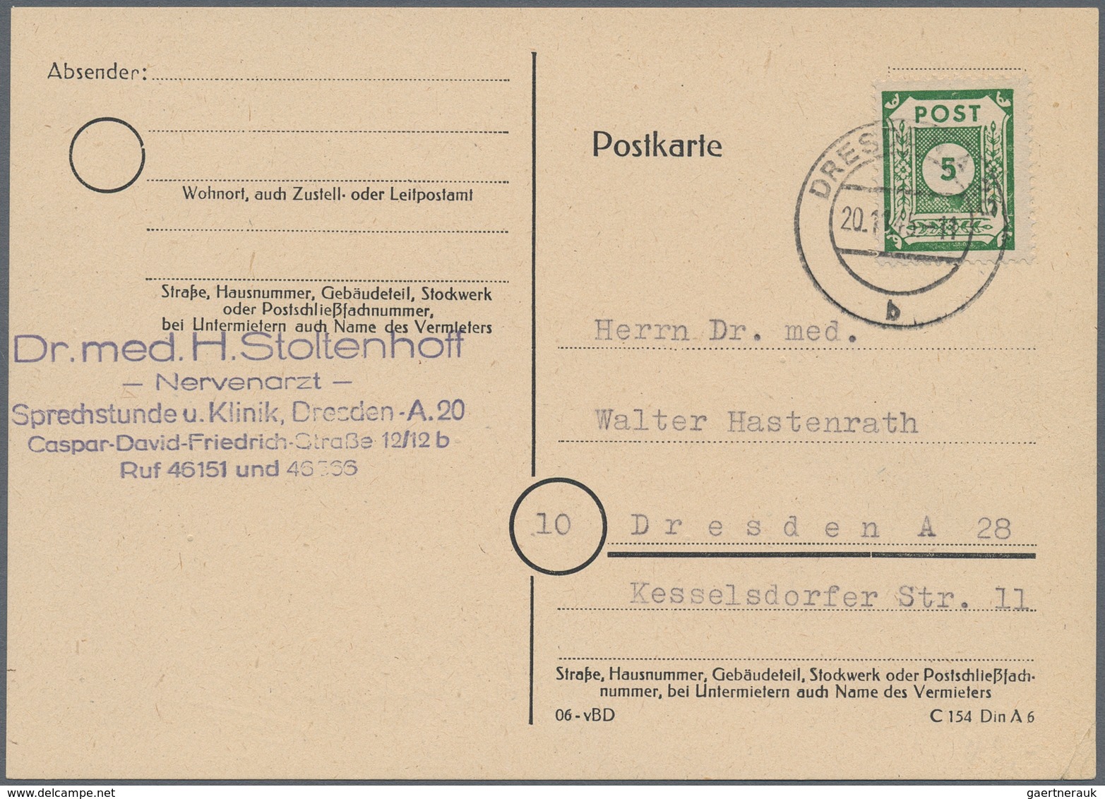 Sowjetische Zone - Ost-Sachsen: 1945/1946, Ziffern 5 Pfg. Grün, Zwei Portogerechte Ortskarten: Einze - Sonstige & Ohne Zuordnung