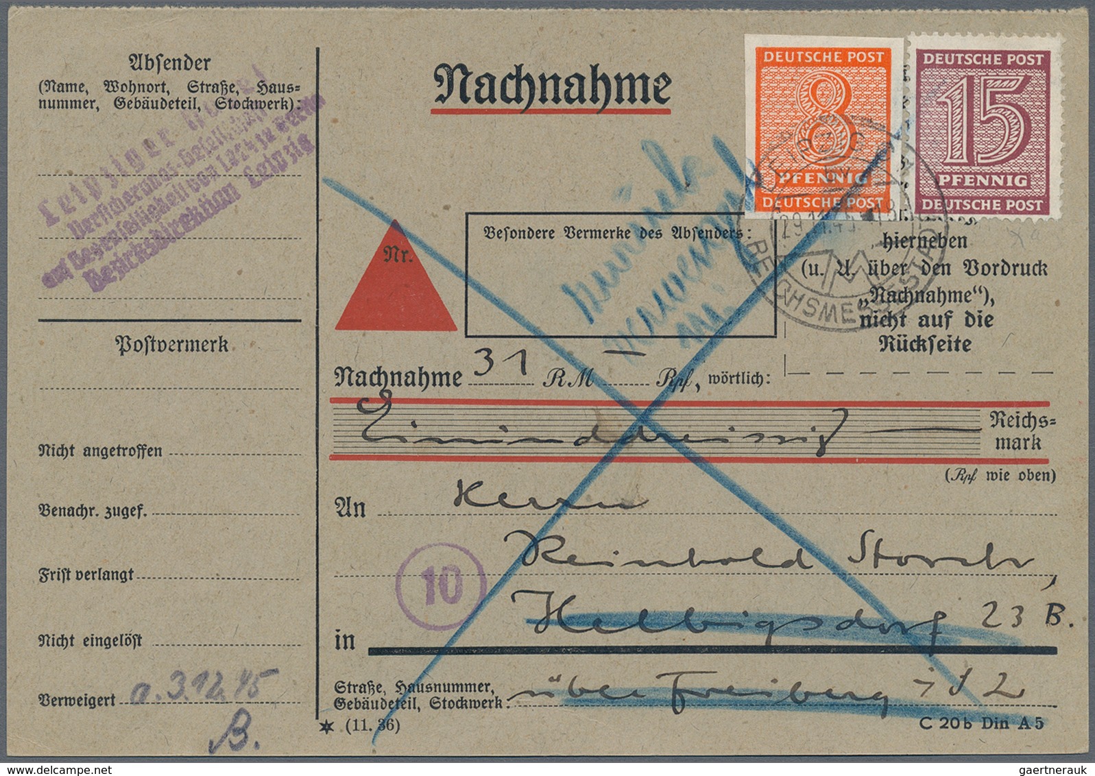 Sowjetische Zone - West-Sachsen: 1945, 8 Pfg. Rotorange Und 15 Pfg. Braunkarmin, Portogerechte 23 Pf - Altri & Non Classificati
