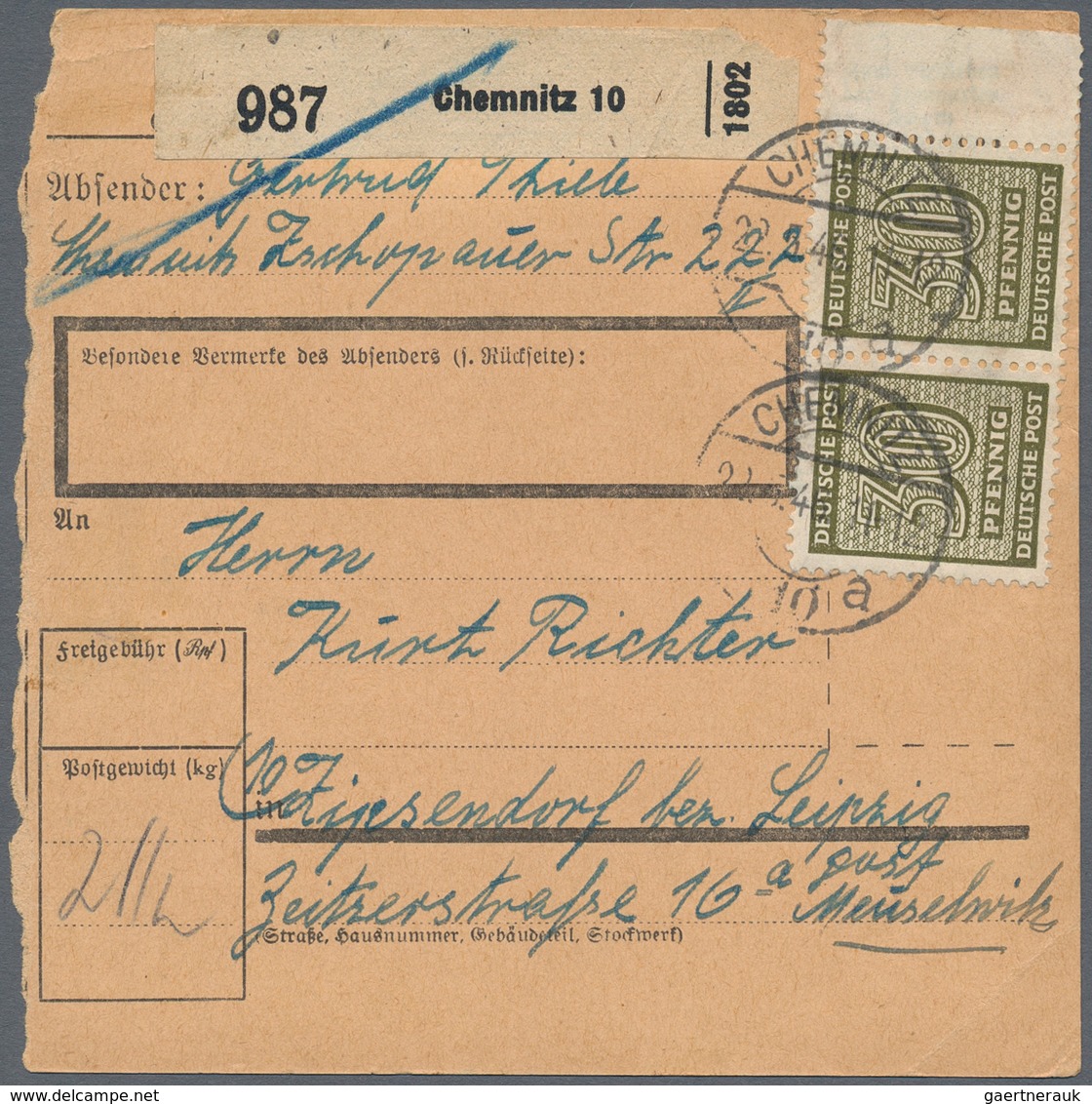 Sowjetische Zone - West-Sachsen: 1946, Ziffern 30 Pfg. Oliv, Steigendes Wasserzeichen, Waagerechtes - Altri & Non Classificati