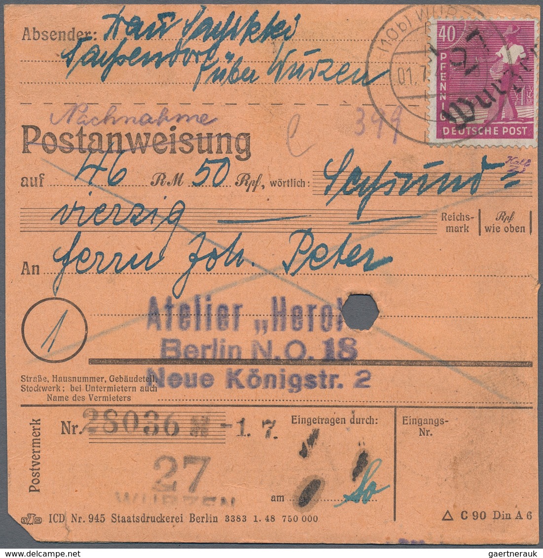 Sowjetische Zone - Bezirkshandstempel - V - Bez. 27 (Leipzig): 1948, 40 Pfg. Arbeiter Mit Aufdruck " - Altri & Non Classificati