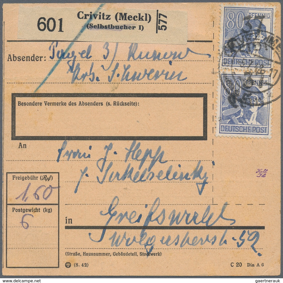 Sowjetische Zone - Bezirkshandstempel - VIII - Bez. 37 (Schwerin): 1948, 20 Pfg. Arbeiter Mit Aufdru - Andere & Zonder Classificatie