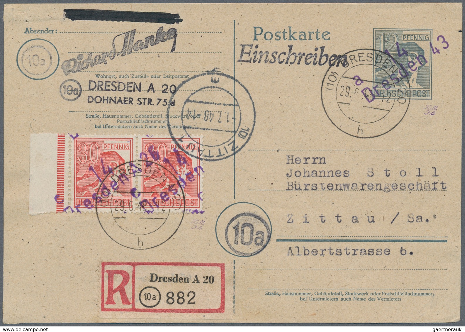 Sowjetische Zone - Ganzsachen: 1948, Ganzsachenkarte 12 Pfg. Arbeiter Mit Aufdruck "14 Dresden 43" M - Altri & Non Classificati