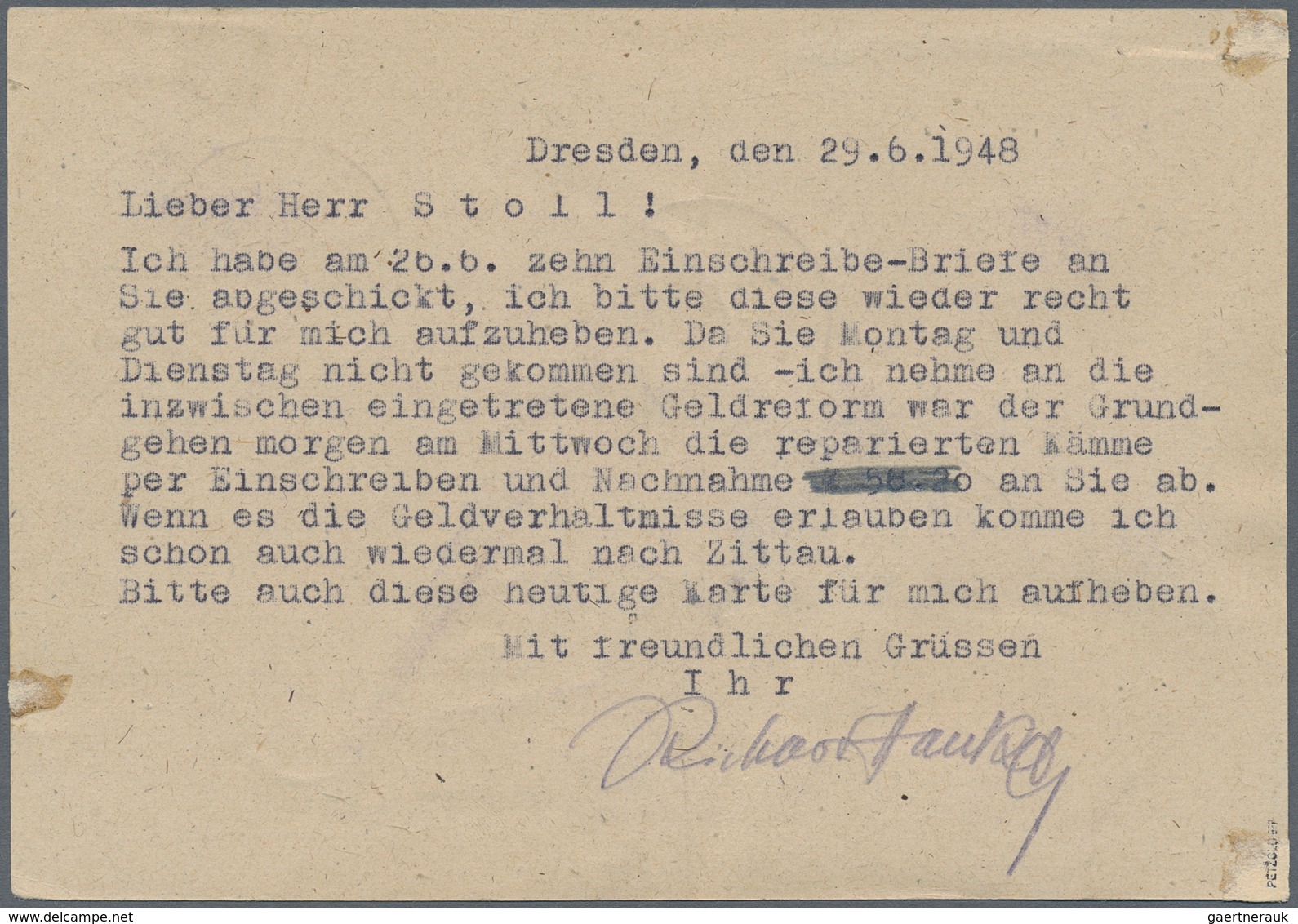 Sowjetische Zone - Ganzsachen: 1948, Ganzsachenkarte 12 Pfg. Arbeiter Mit Aufdruck "14 Dresden 43" M - Sonstige & Ohne Zuordnung