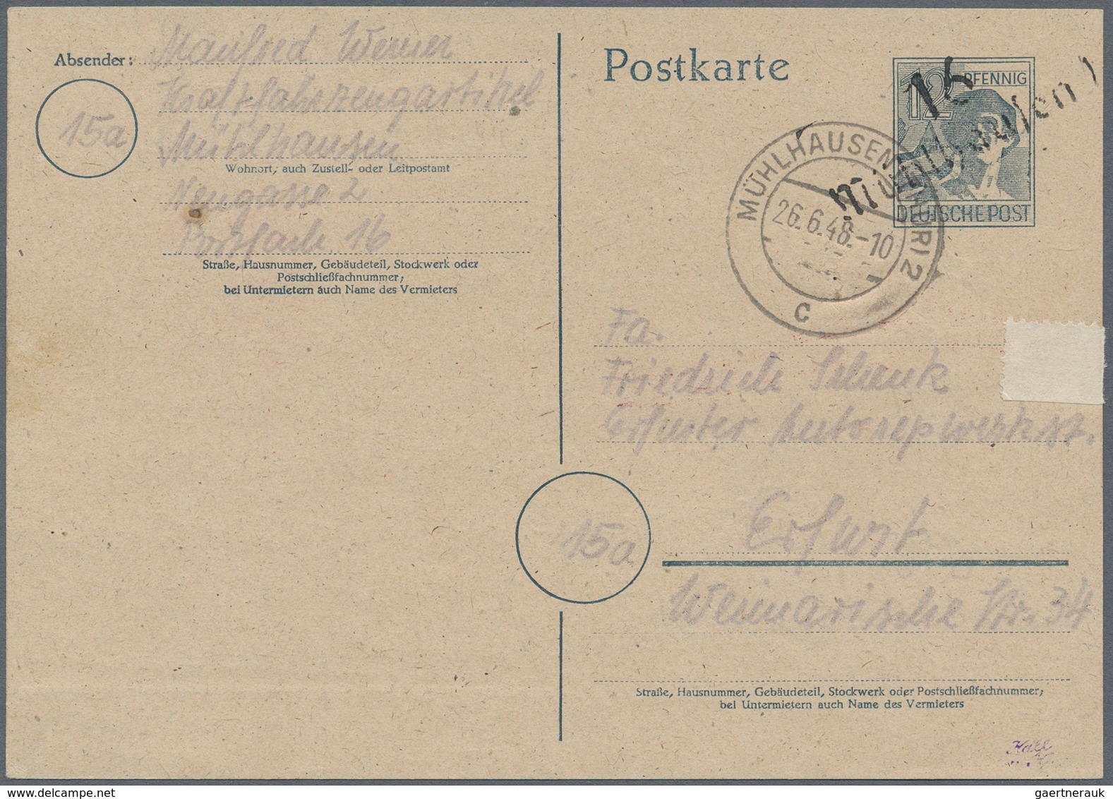 Sowjetische Zone - Ganzsachen: 1948, Ganzsachenkarte 12 Pfg. Arbeiter Mit Aufdruck "16 Mühlhausen" B - Altri & Non Classificati