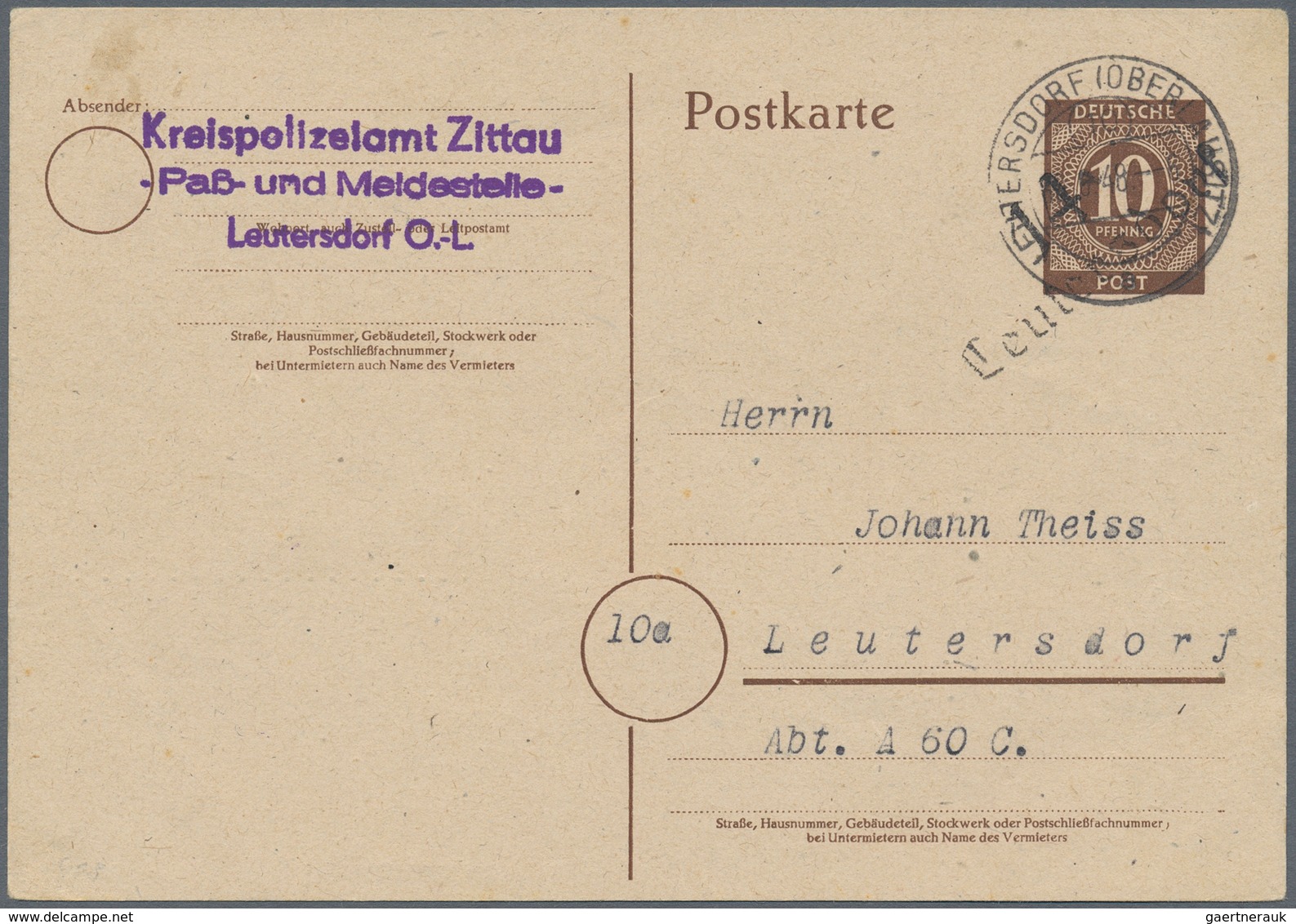 Sowjetische Zone - Ganzsachen: 1948, Ganzsachenkarte 10 Pfg. Ziffern Mit Aufdruck "14 Leutersdorf" B - Altri & Non Classificati