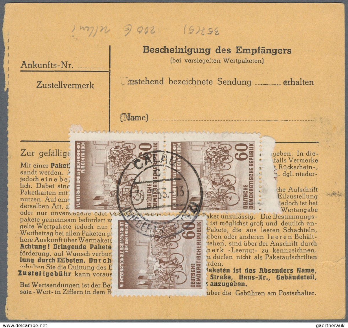 DDR: 1953, Zwei Paketkartenstammteile Mit Portogerechten Mehrfachfrankaturen: 60 Pfg. Radfernfahrt F - Brieven En Documenten