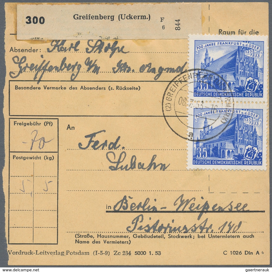 DDR: 1953, Zwei Paketkartenstammteile Mit Portogerechten Mehrfachfrankaturen: 60 Pfg. Radfernfahrt F - Storia Postale