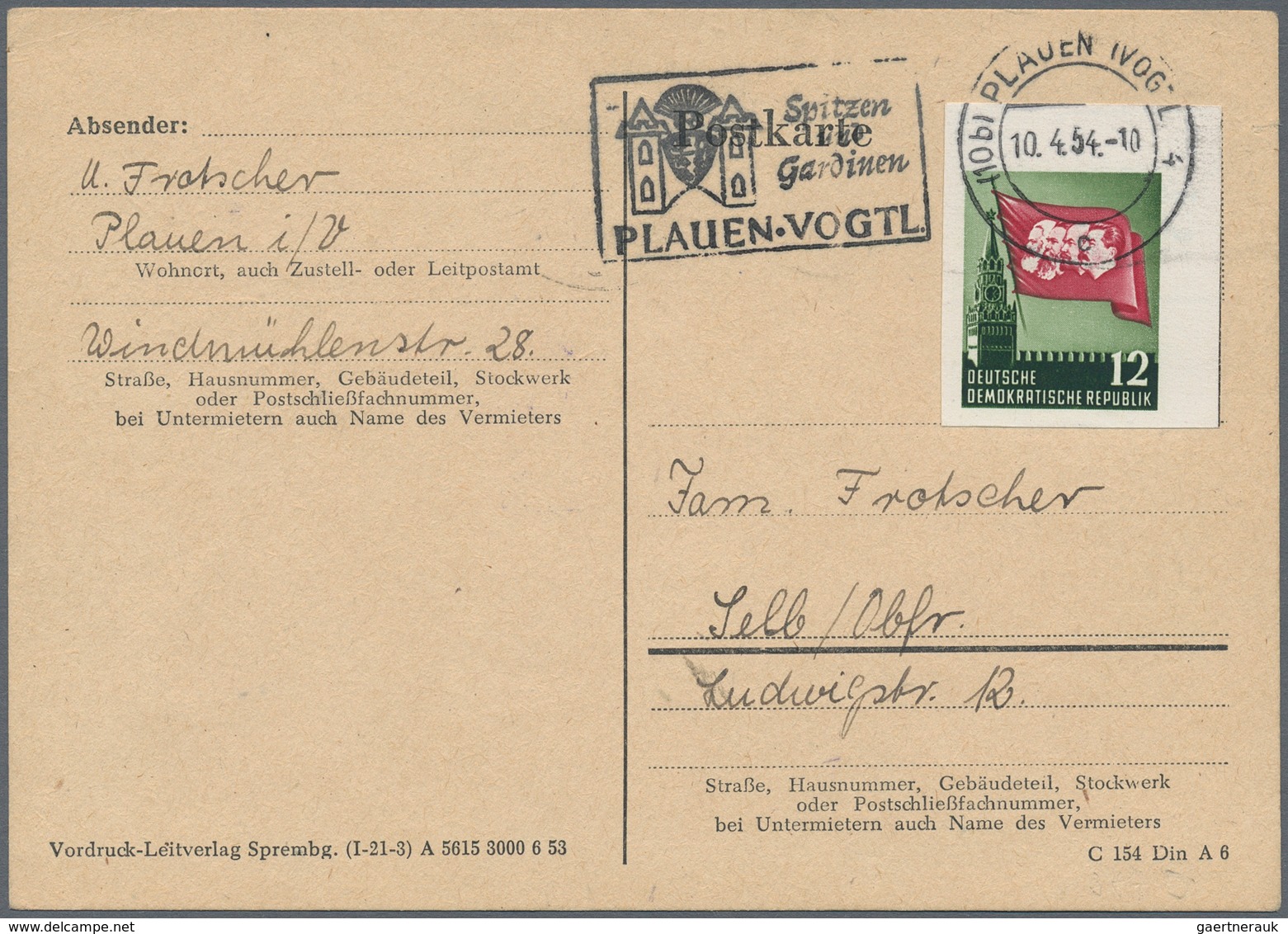 DDR: 1954, 12 Pfg. Geschnitten, Marke Aus Marx-Block, Portogerechte Einzelfrankatur Auf Karte Von "P - Brieven En Documenten