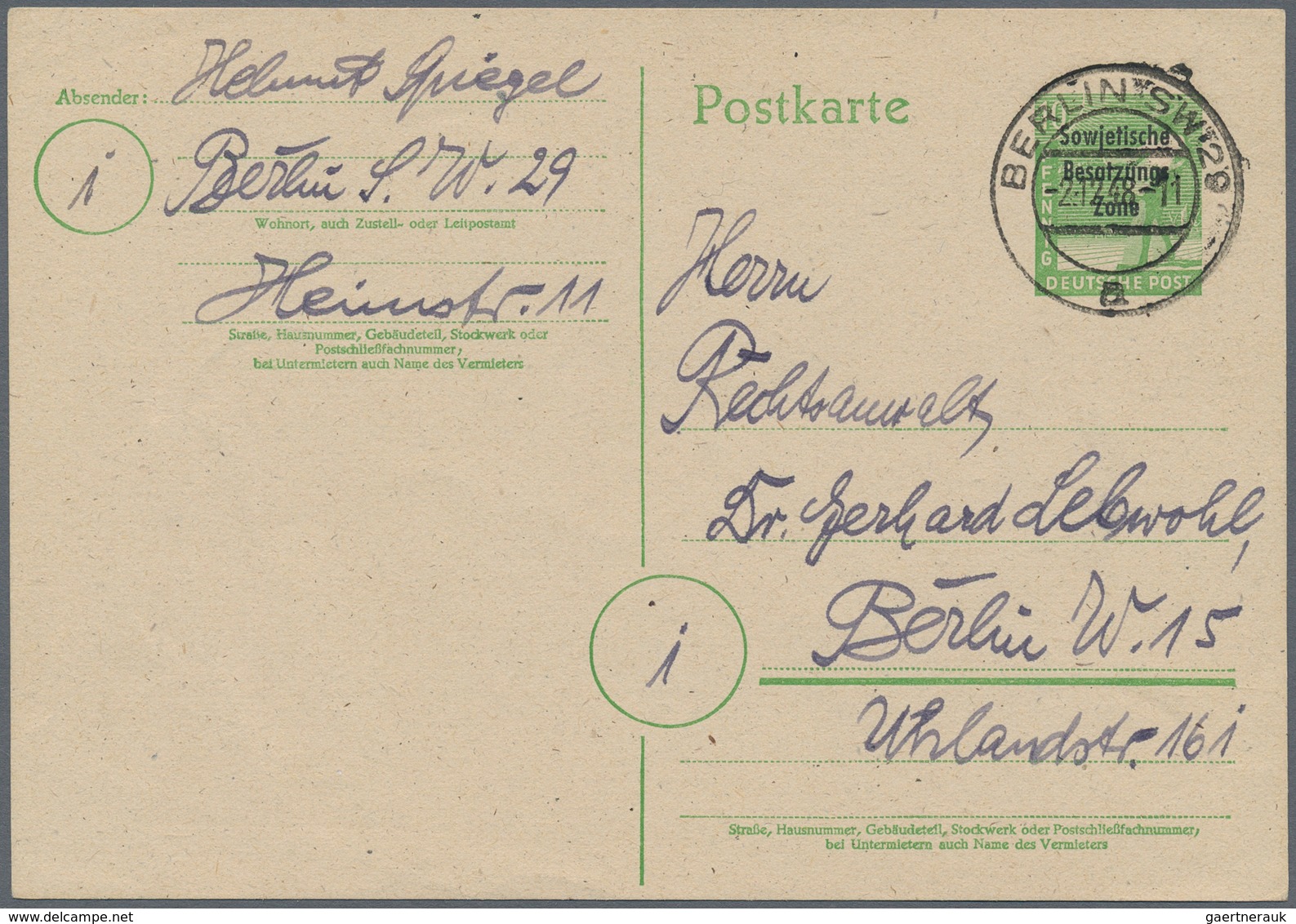 Berlin - Vorläufer: 1948, SBZ-Ganzsachenkarte 10 Pfg. Maschinenaufdruck Bedarfsgebraucht Von "BERLIN - Storia Postale