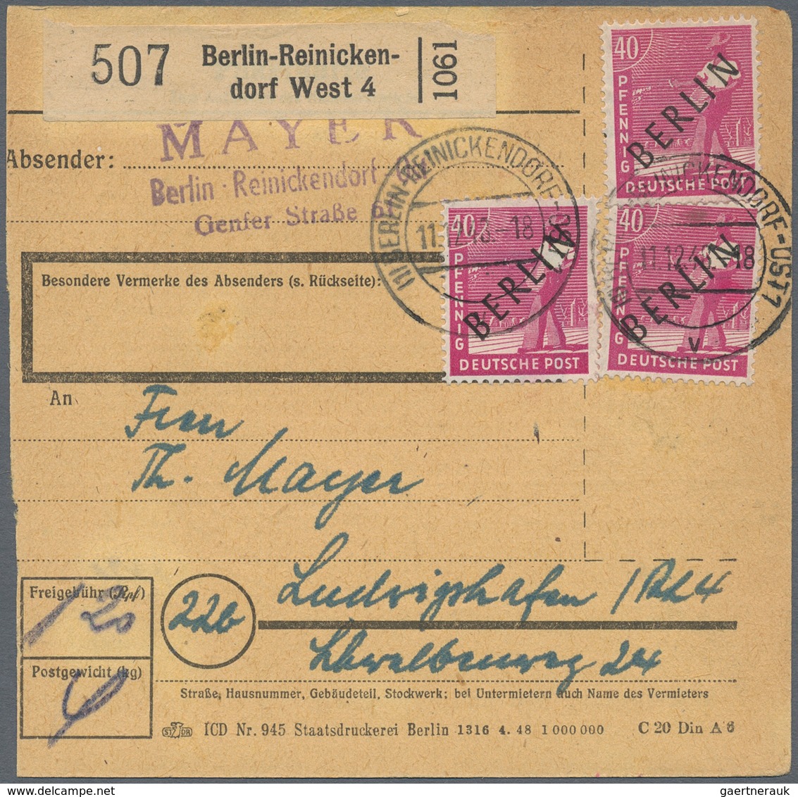 Berlin: 1948, 40 Pfg. Schwarzaufdruck, Drei Werte Als Mehrfachfrankatur Auf Paketkartenstammteil Von - Storia Postale