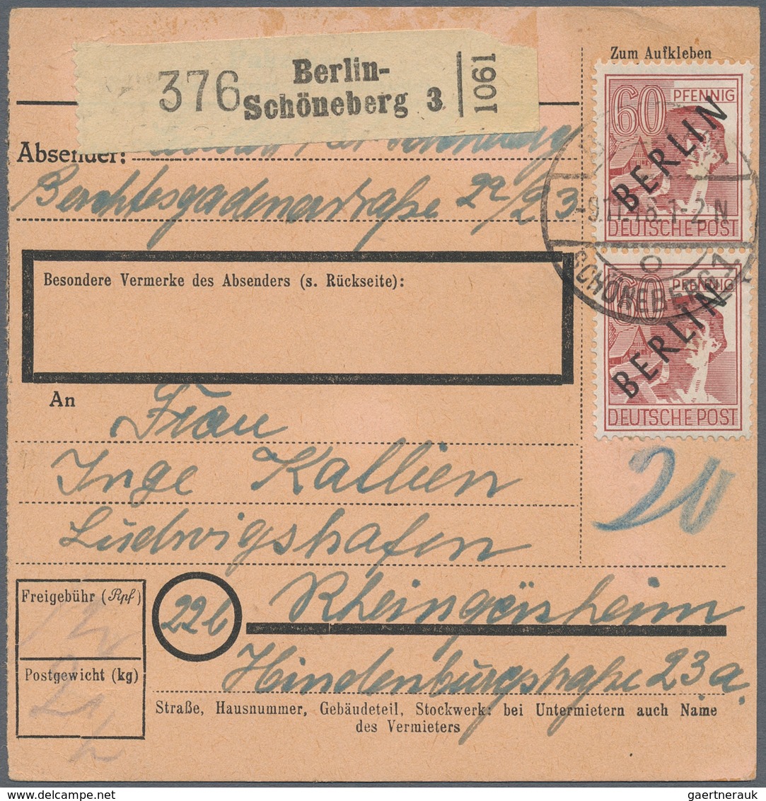 Berlin: 1948, 60 Pfg. Schwarzaufdruck Im Senkrechten Paar Als Mehrfachfrankatur Auf Paketkartenstamm - Briefe U. Dokumente