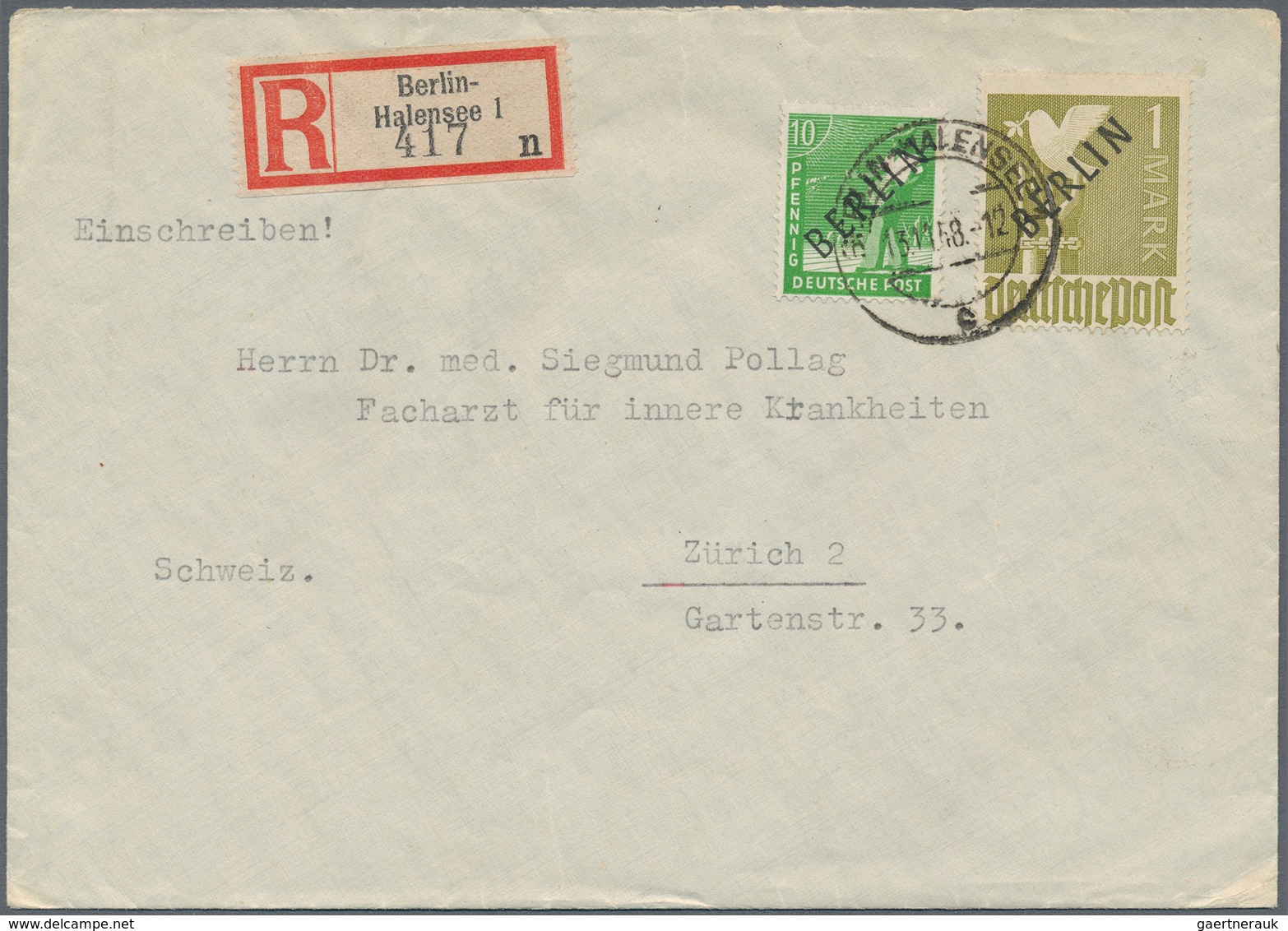 Berlin: 1948, 1 Mark Schwarzaufdruck Zusammen Mit 10 Pfg. Als Portogerechte Frankatur Auf R-Brief Vo - Lettres & Documents