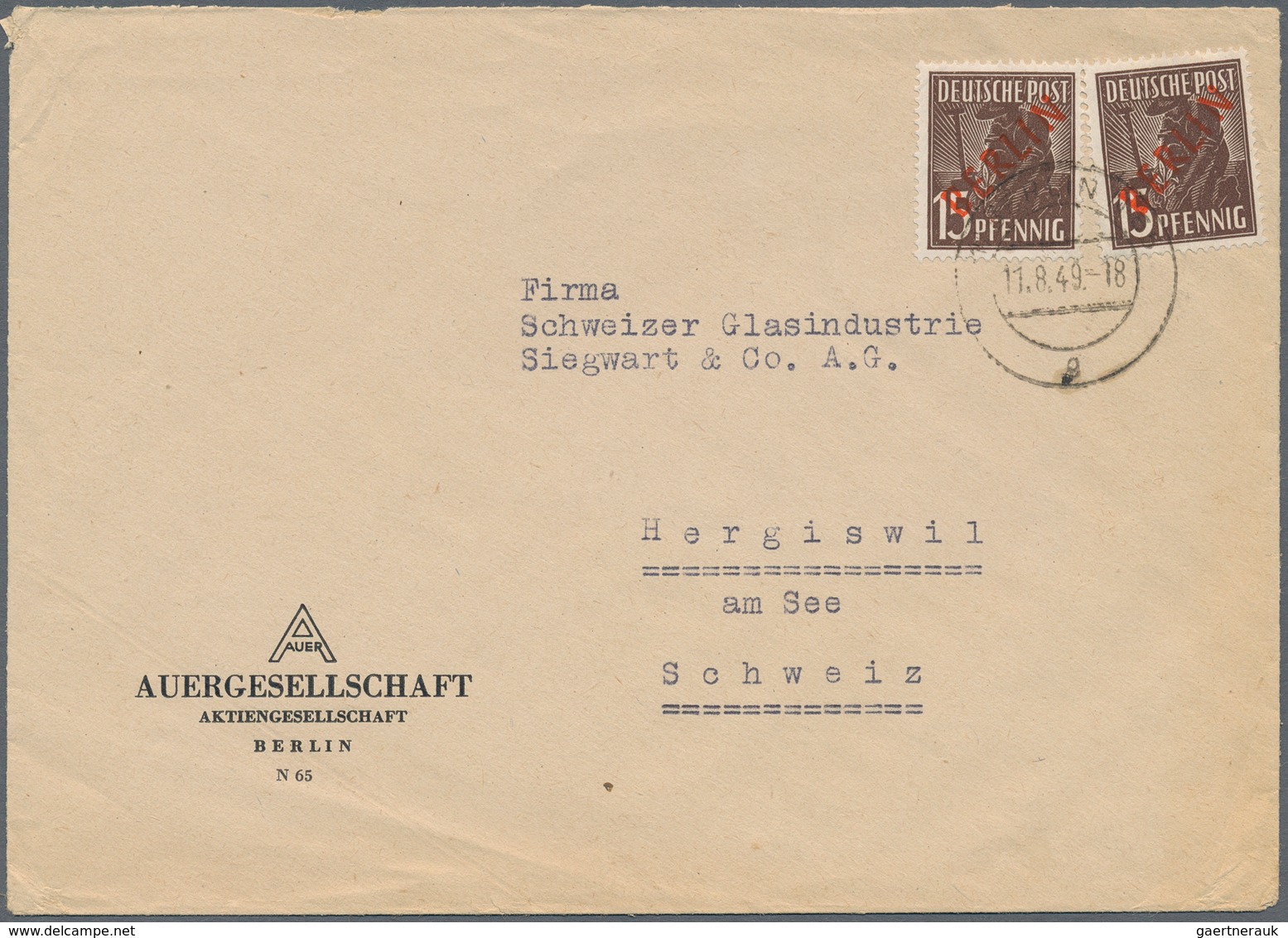 Berlin: 1949, 15 Pfg. Rotaufdruck, Zwei Werte Als Portogerechte Mehrfachfrankatur Auf Brief Von "BER - Storia Postale