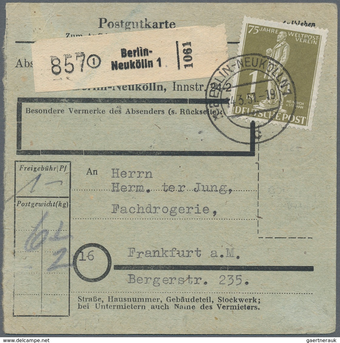 Berlin: 1951, 1 DM Stephan (teils Minim Flache Zähnung) Als Portogerechte Einzelfrankatur Auf Paketk - Storia Postale