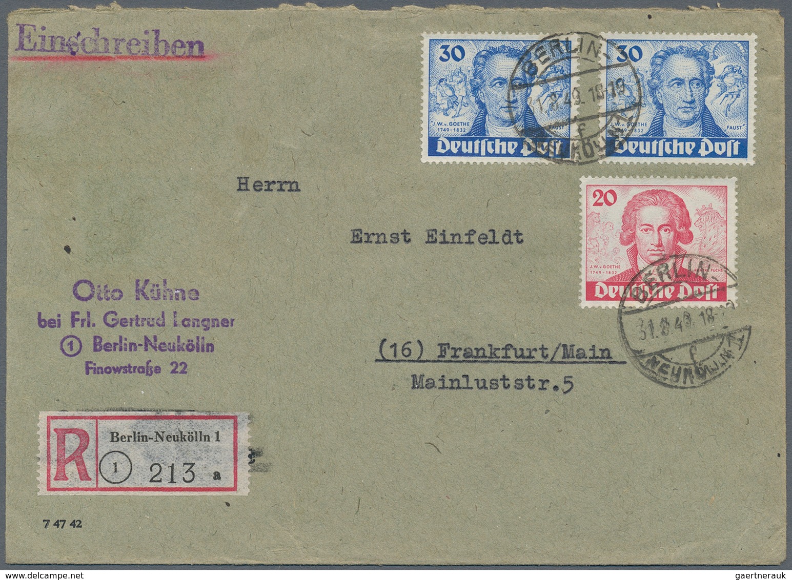 Berlin: 1949, 20 Pfg. Goethe Sowie Zwei Werte 30 Pfg. Als Portogerechte Frankatur Auf R-Brief Von "B - Brieven En Documenten