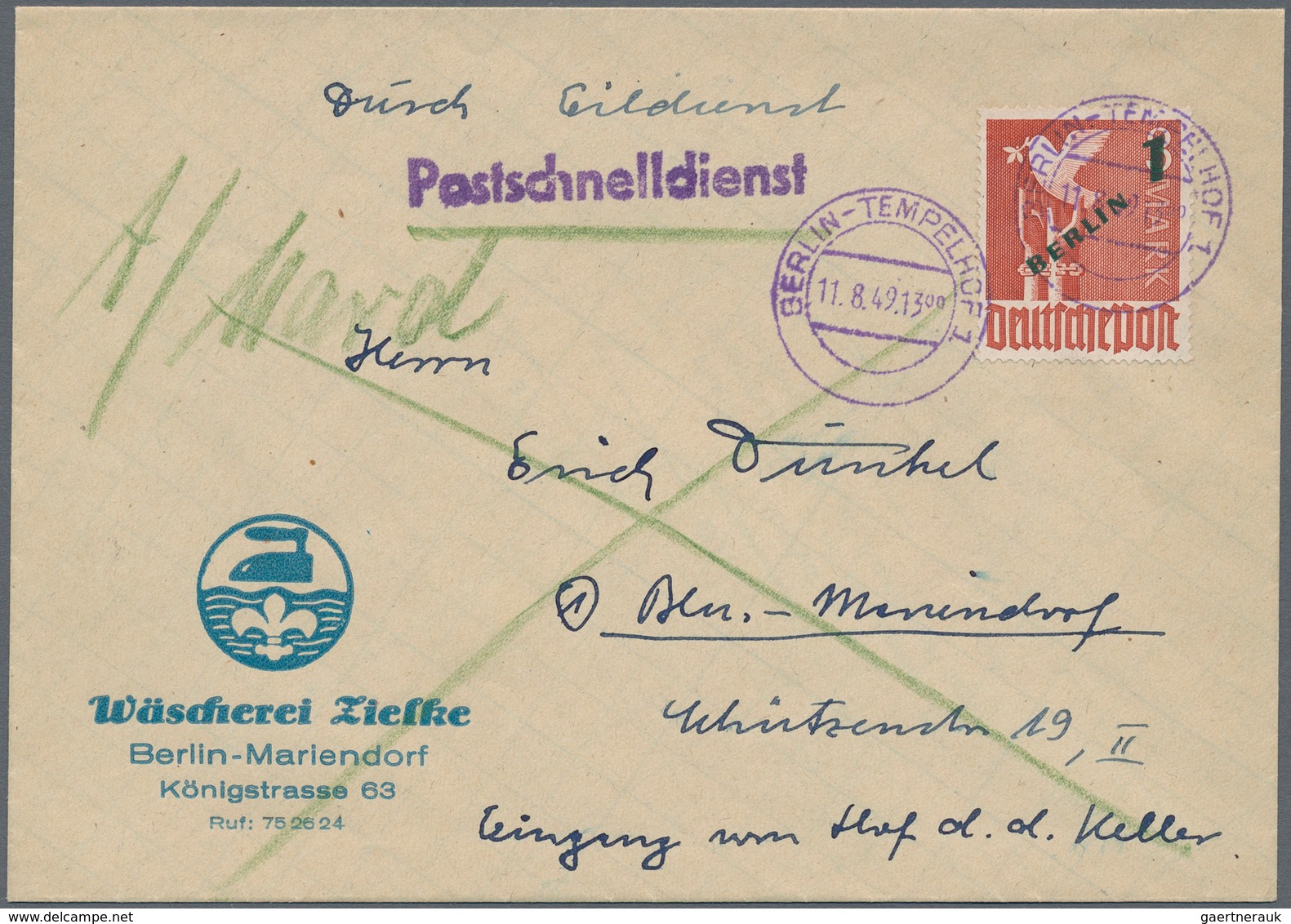 Berlin: 1949, 1 DM Grünaufdruck Als Einzelfrankatur Auf Postschnelldienst-Brief Von "B - Storia Postale