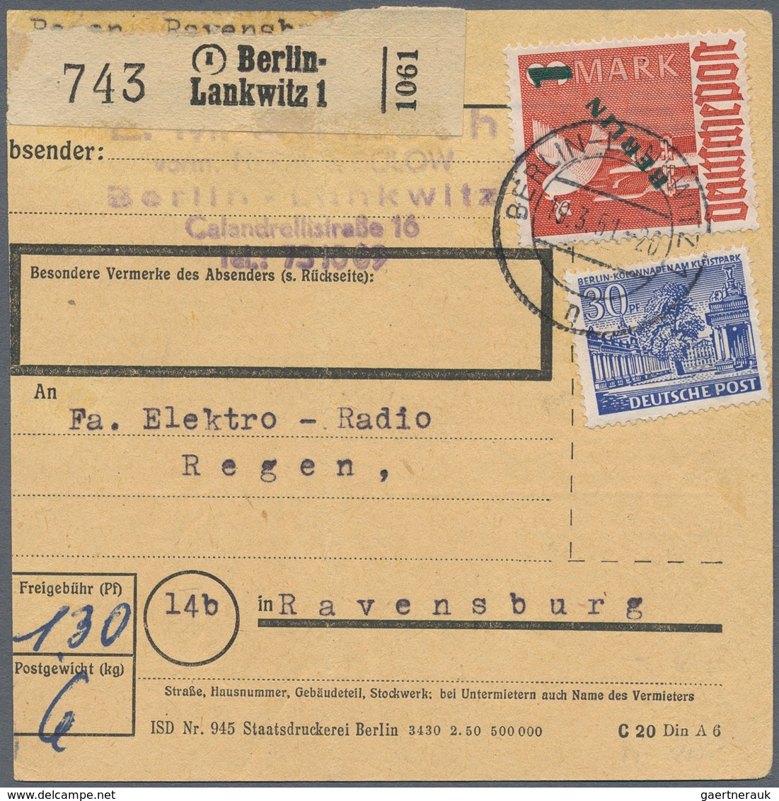 Berlin: 1951, 1 DM Grünaufdruck Zusammen Mit 30 Pfg. Bauten Auf Paketkartenstammteil (senkrechter Mi - Storia Postale