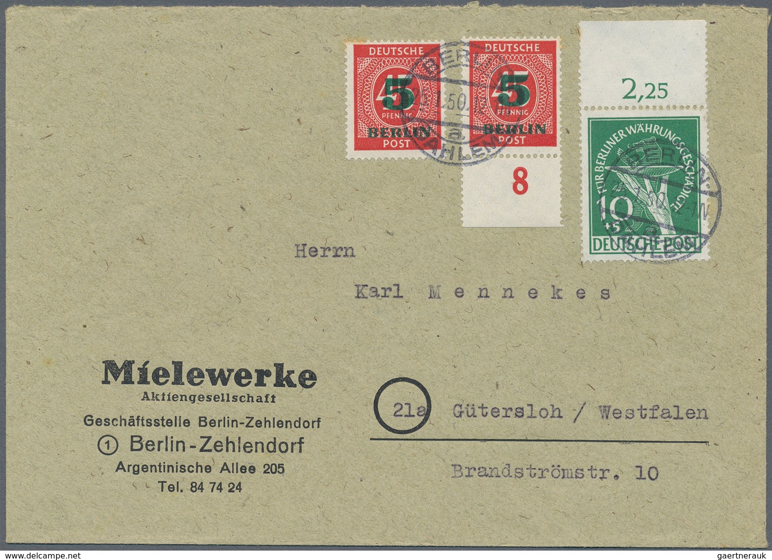 Berlin: 1950, 10 Pfg. Währungsgeschädigte Vom Oberrand Mit Beifrankatur Zweimal 5 Pfg. Grünaufdruck, - Storia Postale