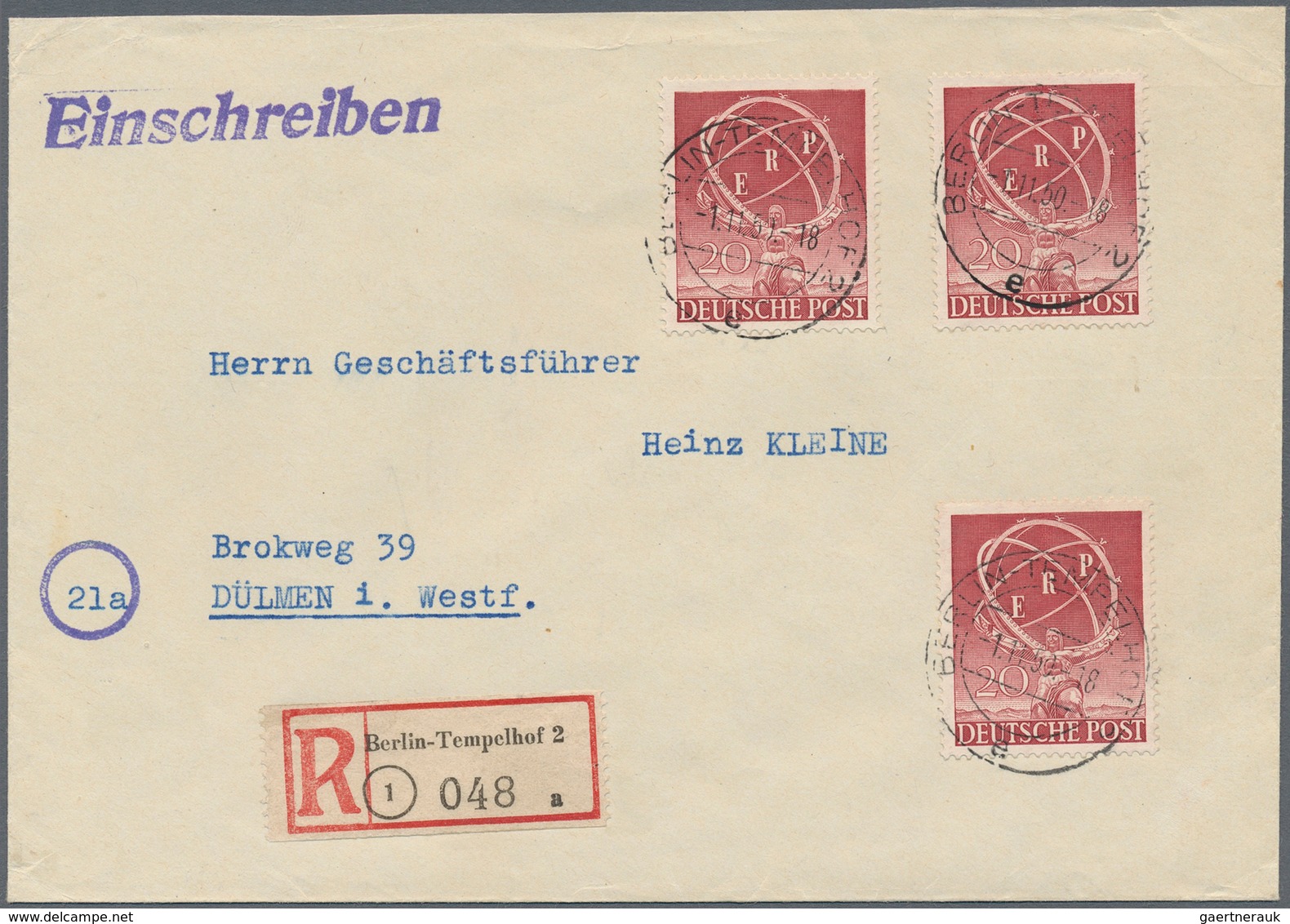 Berlin: 1950, 20 Pfg. ERP, Drei Werte Als Portogerechte Mehrfachfrankatur Auf R-Brief Von "BERLIN-TE - Storia Postale