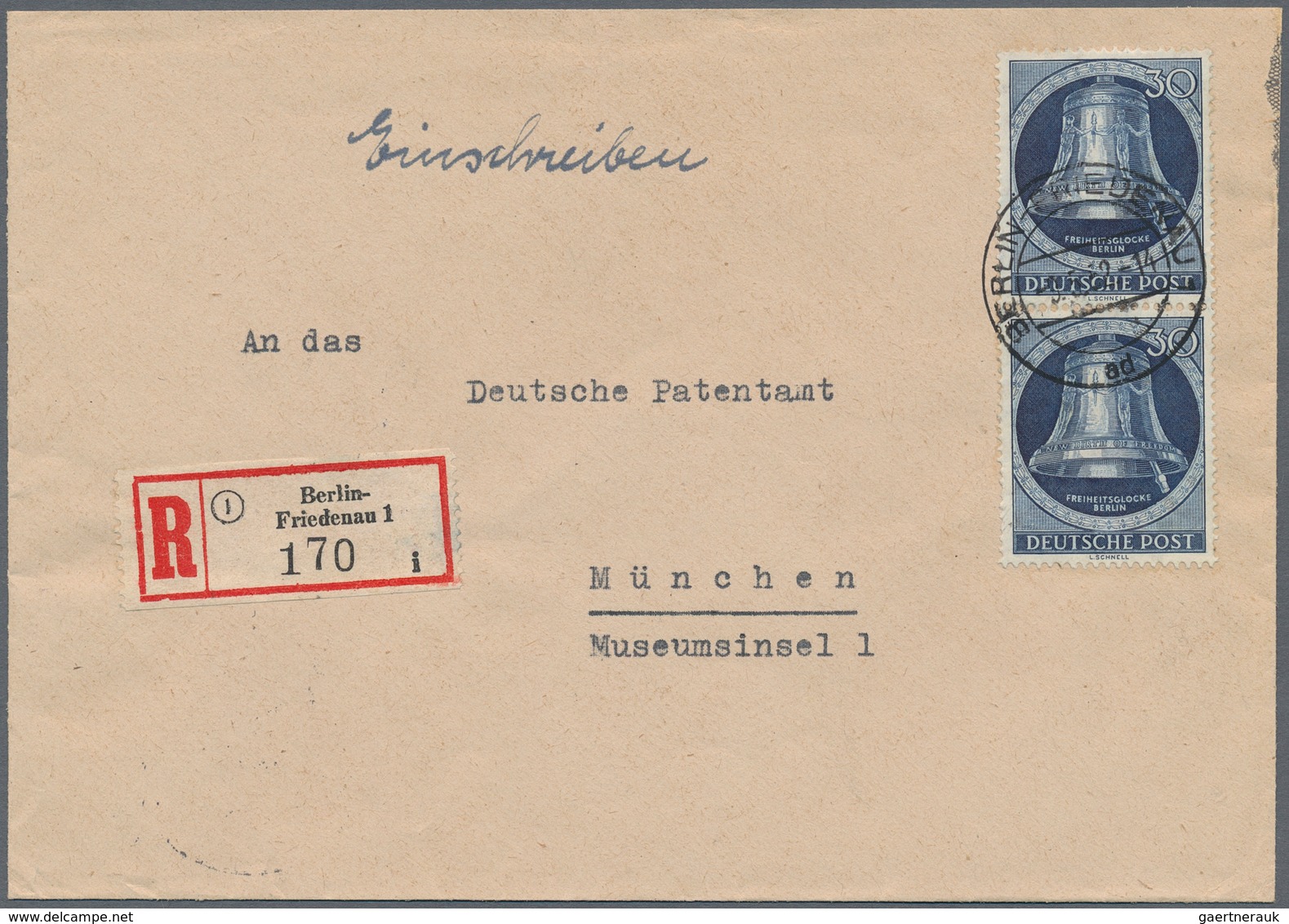 Berlin: 1952, 30 Pfg. Glocke Rechts, Senkrechtes Paar Als Portogerechte Mehrfachfrankatur Auf R-Brie - Brieven En Documenten