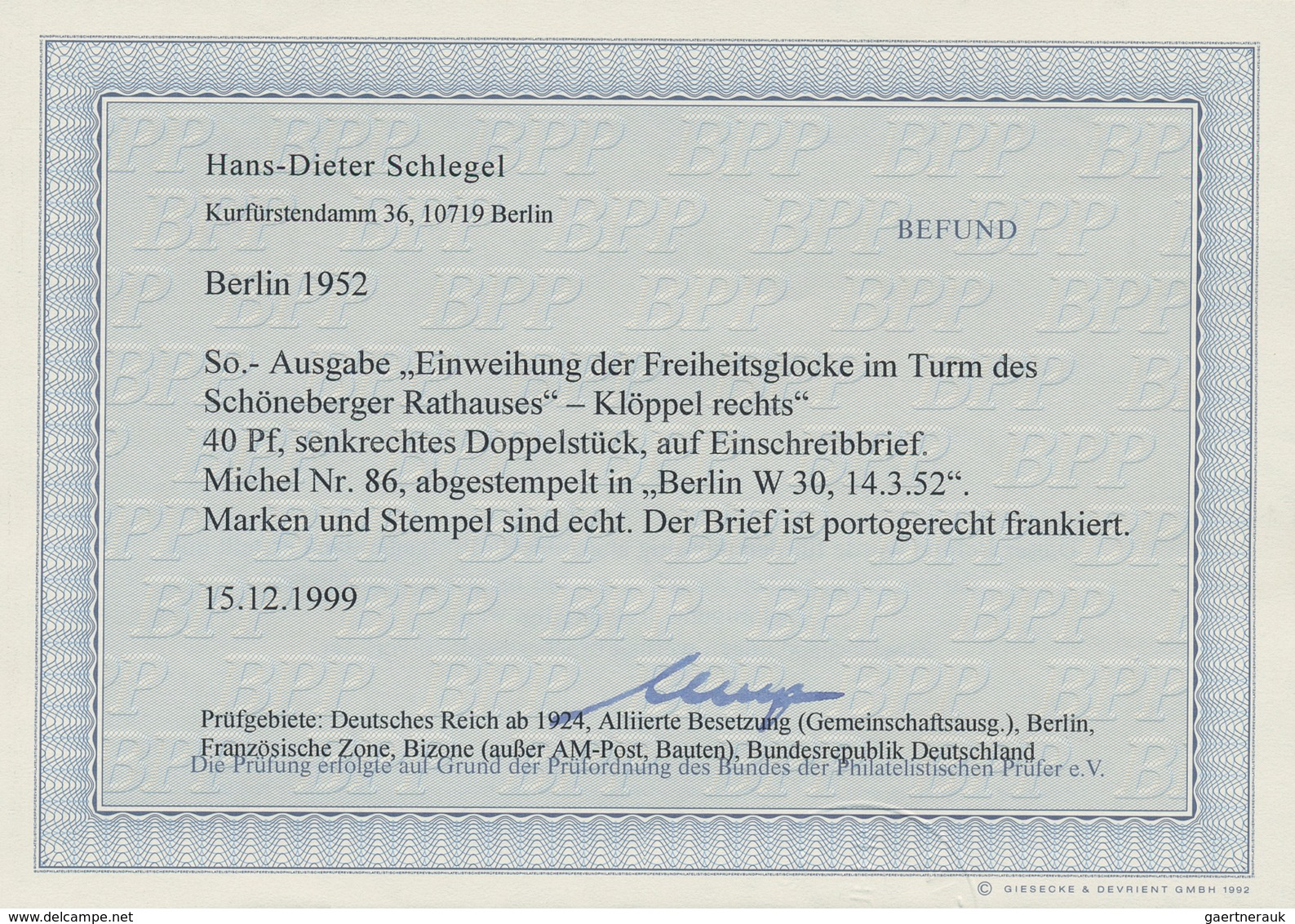 Berlin: 1952, 40 Pfg. Glocke Rechts, Senkrechtes Paar Als Portogerechte Mehrfachfrankatur Auf R-Brie - Brieven En Documenten