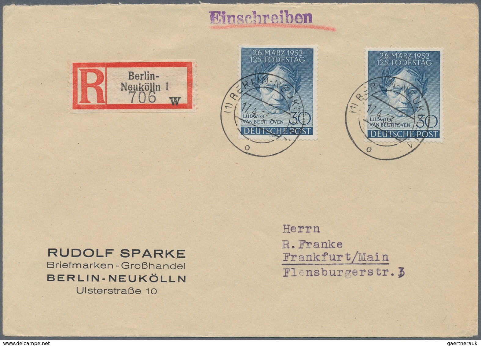 Berlin: 1953, 30 Pfg. Beethoven, Zwei Werte Als Portogerechte Mehrfachfrankatur Auf R-Brief Von "BER - Storia Postale