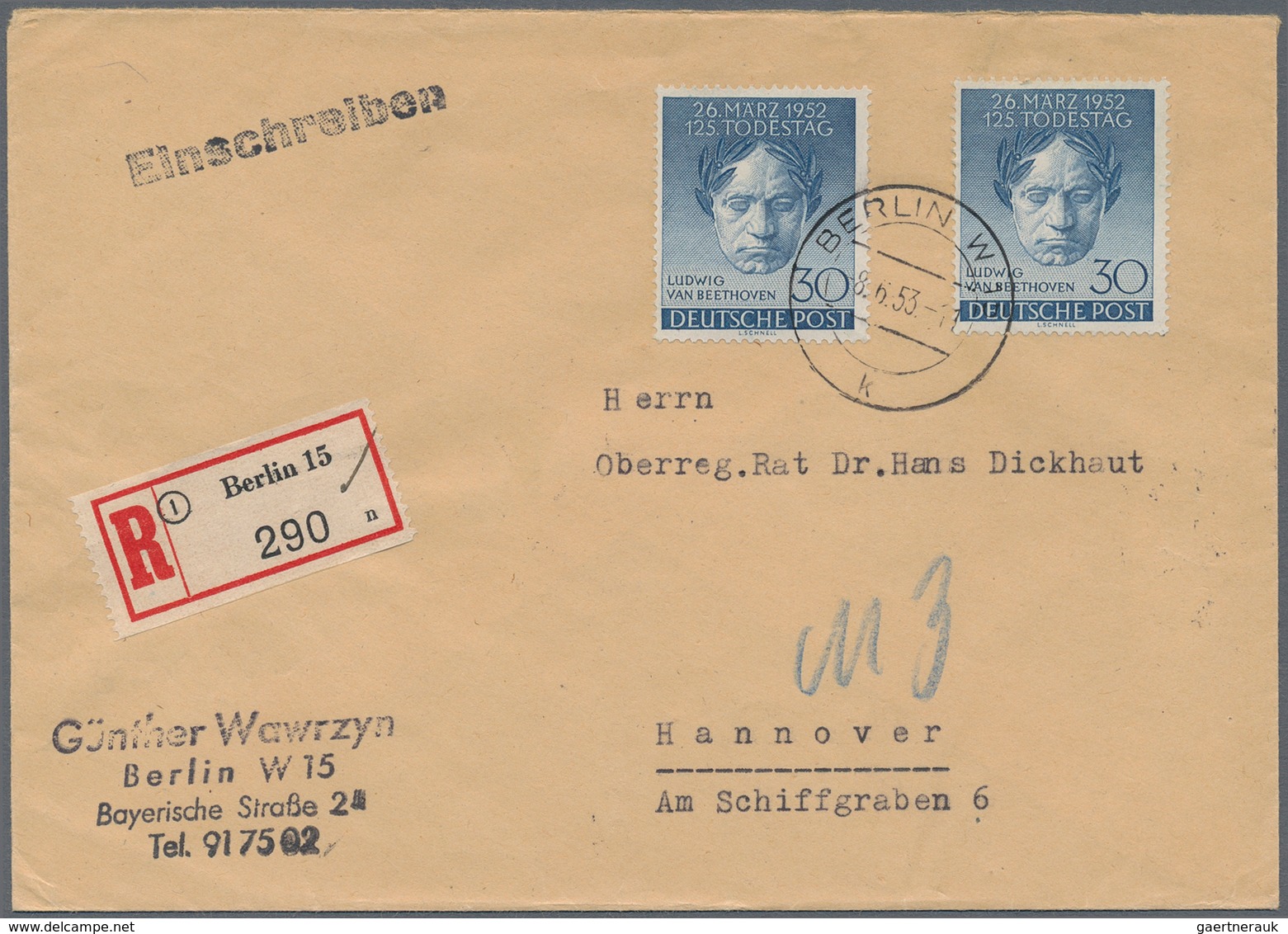 Berlin: 1953, 30 Pfg. Beethoven, Zwei Werte Als Portogerechte Mehrfachfrankatur Auf R-Brief Von "BER - Brieven En Documenten