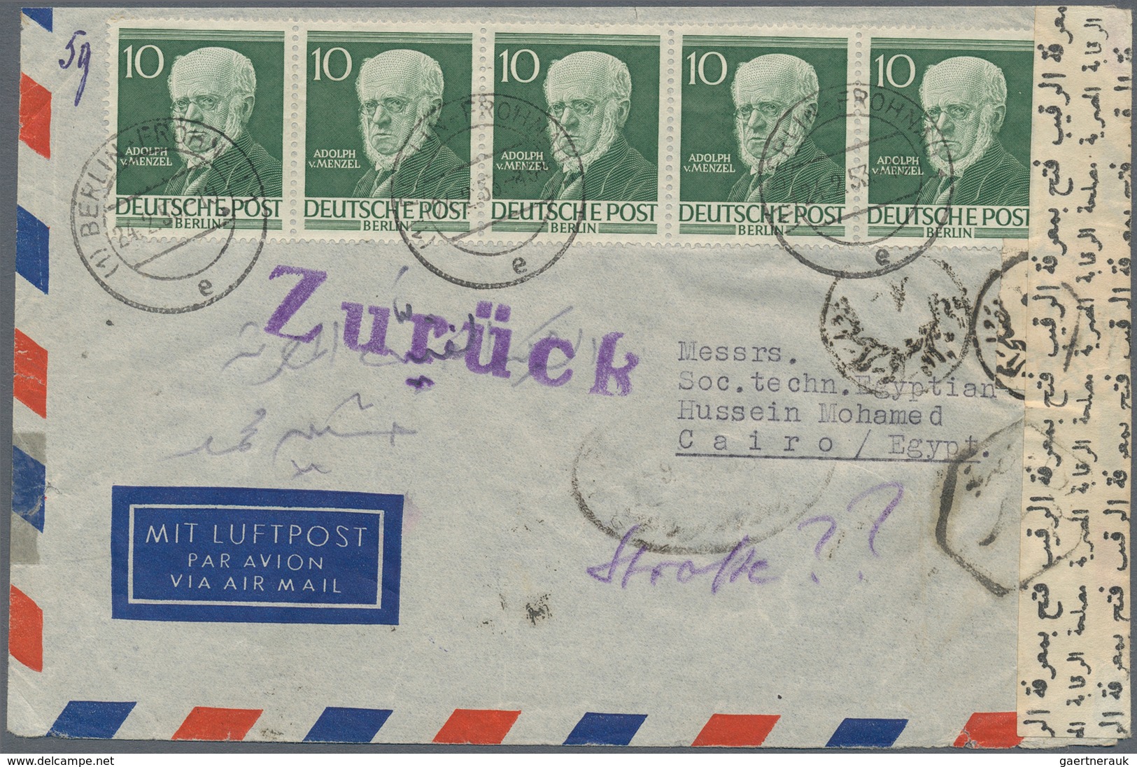 Berlin: 1953, 10 Pfg. Menzel, Waagechter 5er-Streifen Als Portogerechte Massenfrankatur Auf Luftpost - Brieven En Documenten
