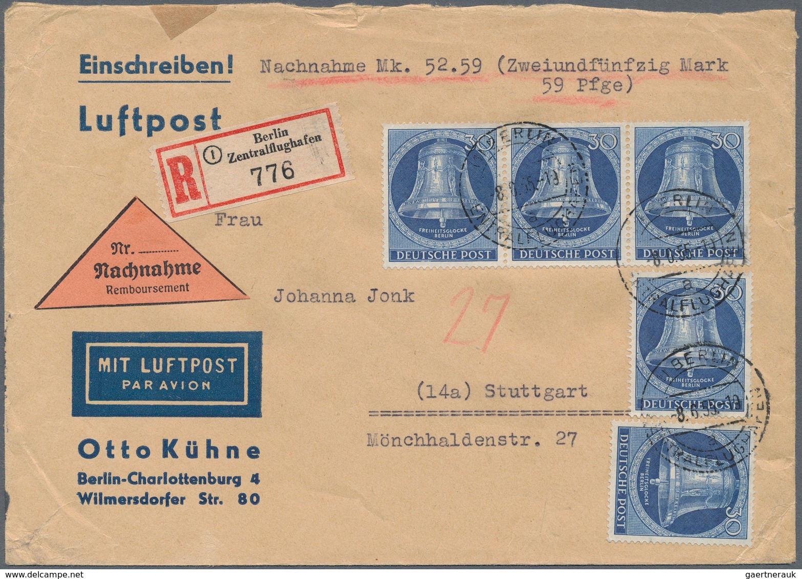 Berlin: 1955, 30 Pfg. Glocke Mitte, 3er-Streifen Und Zwei Einzelwerte Auf Luftpost-Einschreiben-Nach - Storia Postale