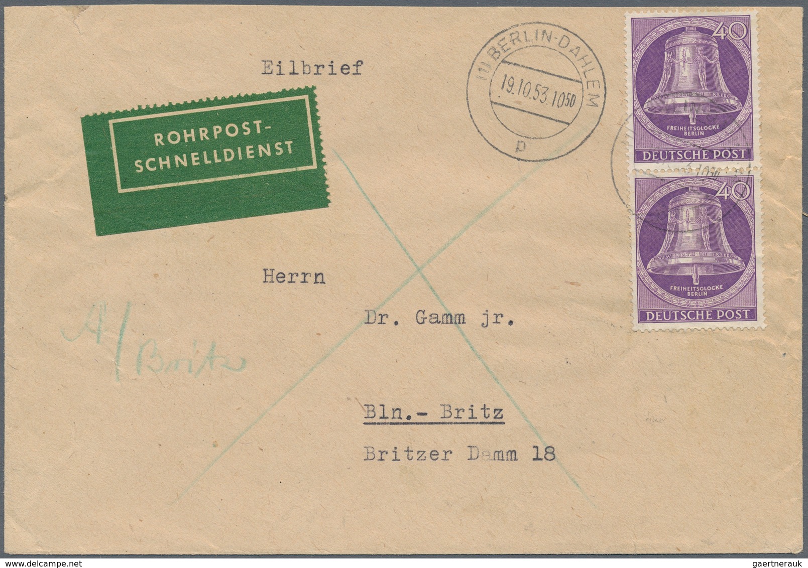 Berlin: 1953, 40 Pfg. Glocke Mitte, Senkrechtes Paar Als Portogerechte Mehrfachfrankatur Auf Rohrpos - Storia Postale