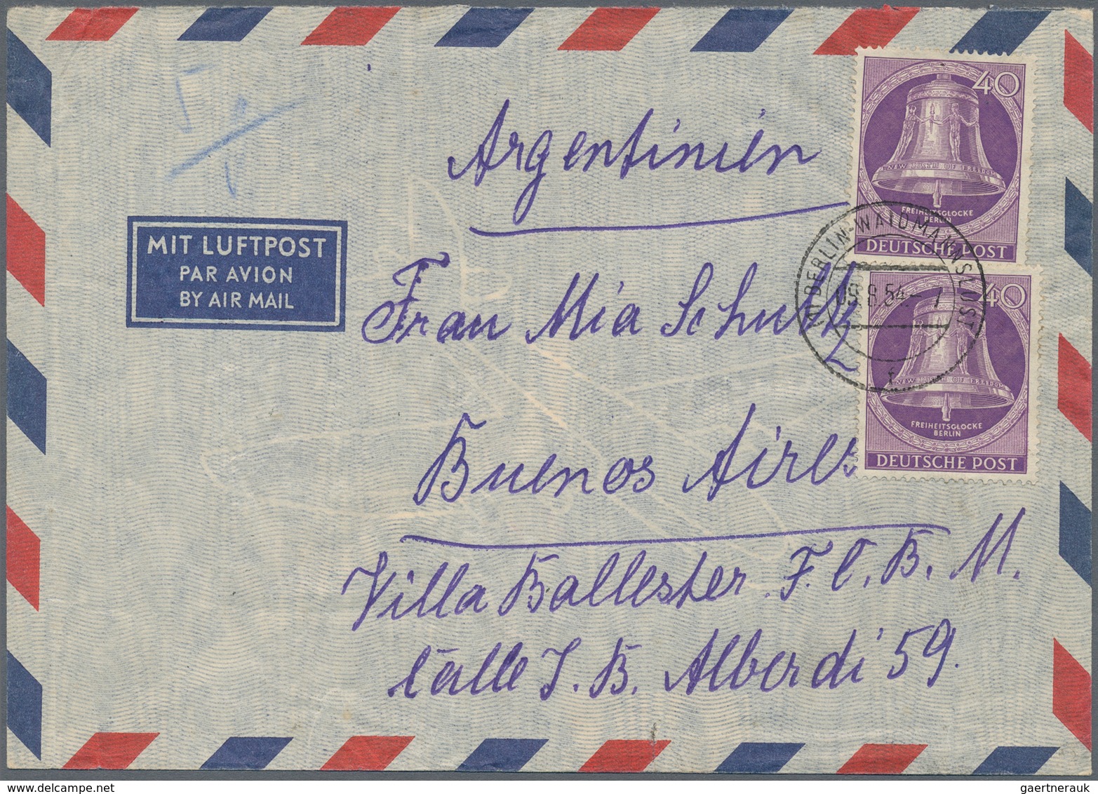 Berlin: 1954, 40 Pfg. Glocke Mitte, Zwei Werte Als Portogerechte Mehrfachfrankatur Auf Luftpost-Brie - Storia Postale